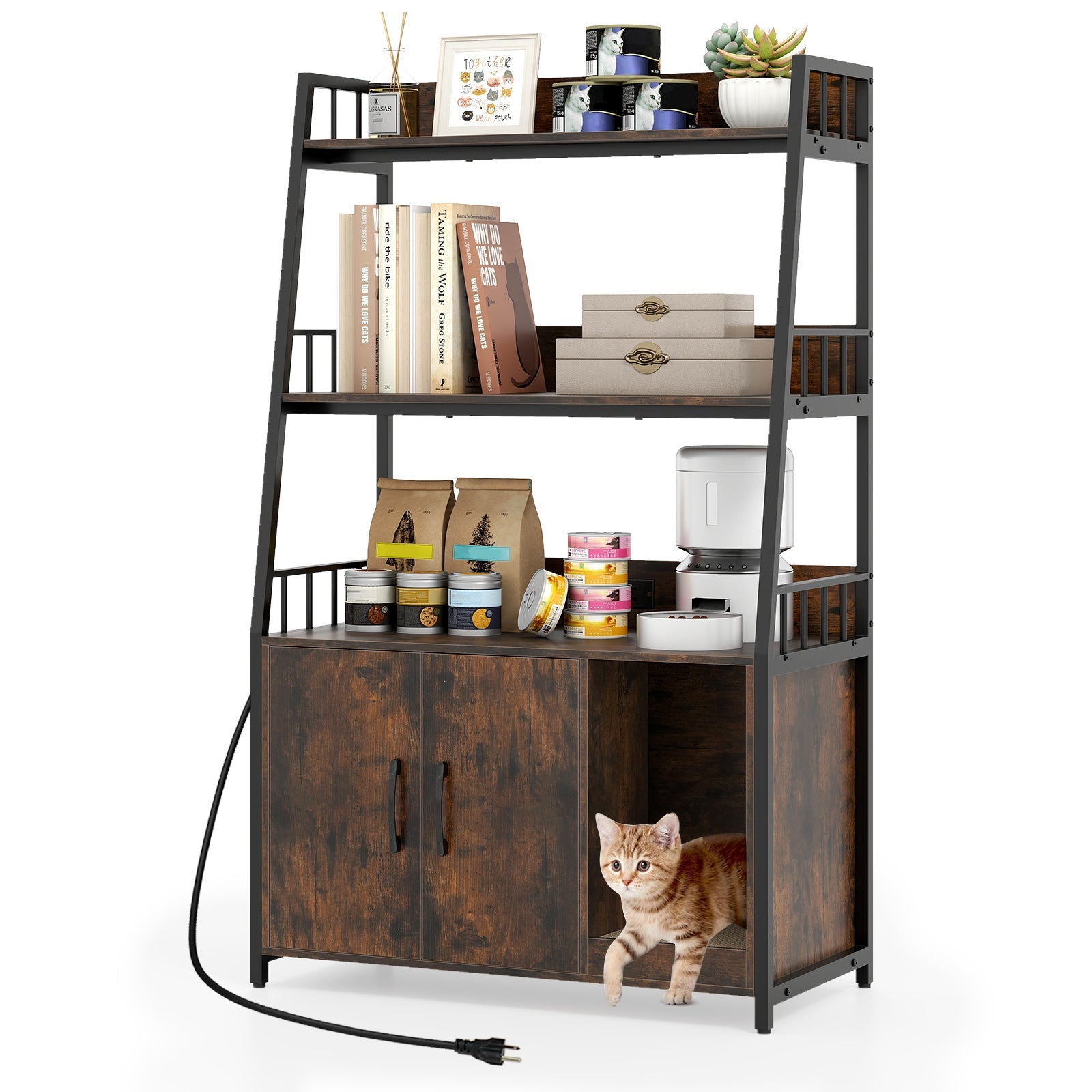 Cat Litter Box Enclosure with Storage Shelves and Scratching Pad