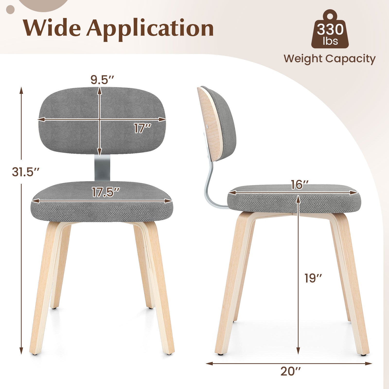 Chenille Fabric Upholstered Wooden Kitchen Chairs Set of 2
