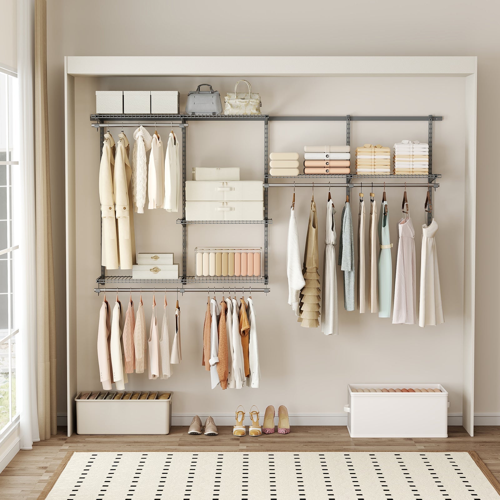 Closet System 4-8 FT Wall-Mounted Closet Shelves and Rod