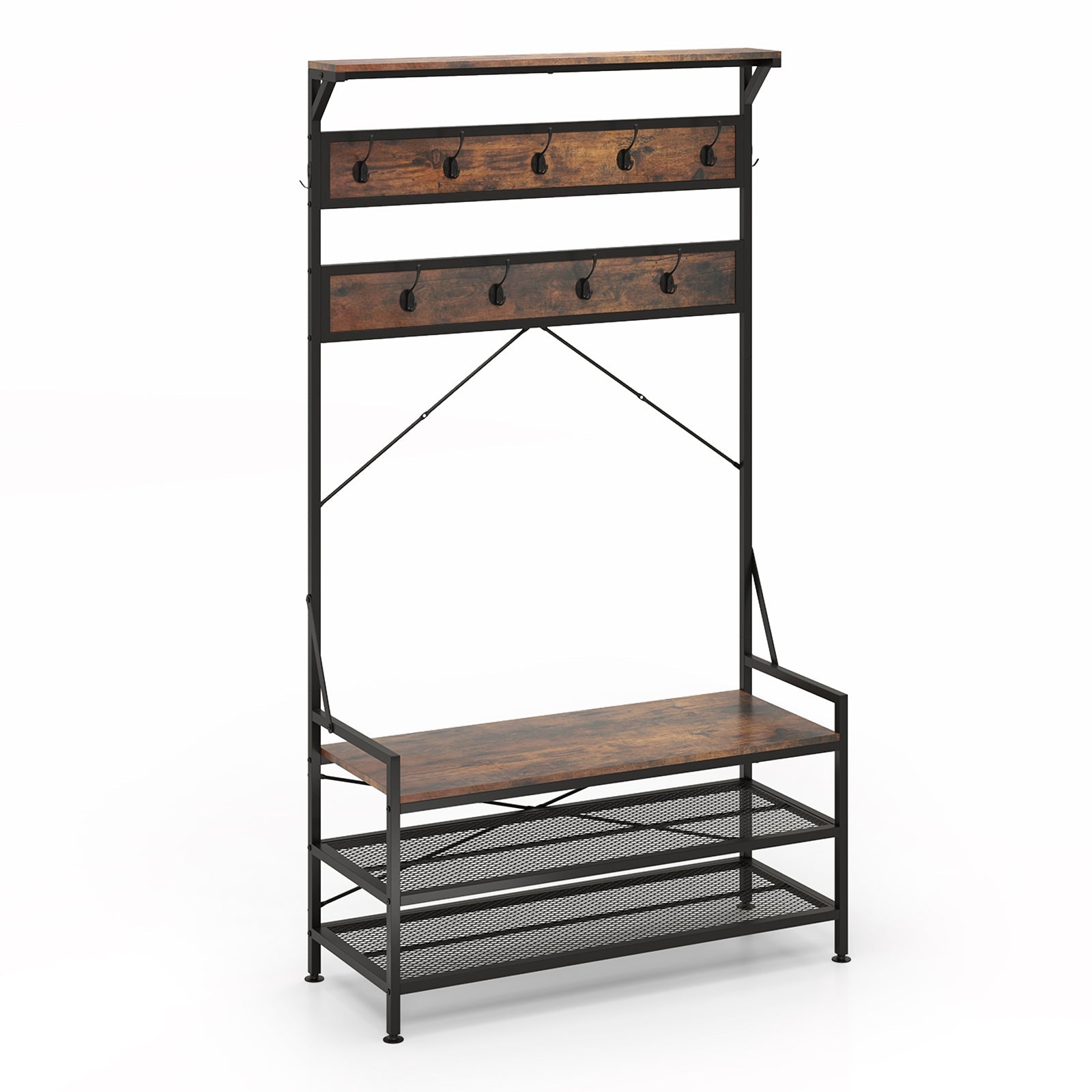 Coat Rack 4-In-1 Hall Tree with 11 Hanging Hooks Shoe Bench