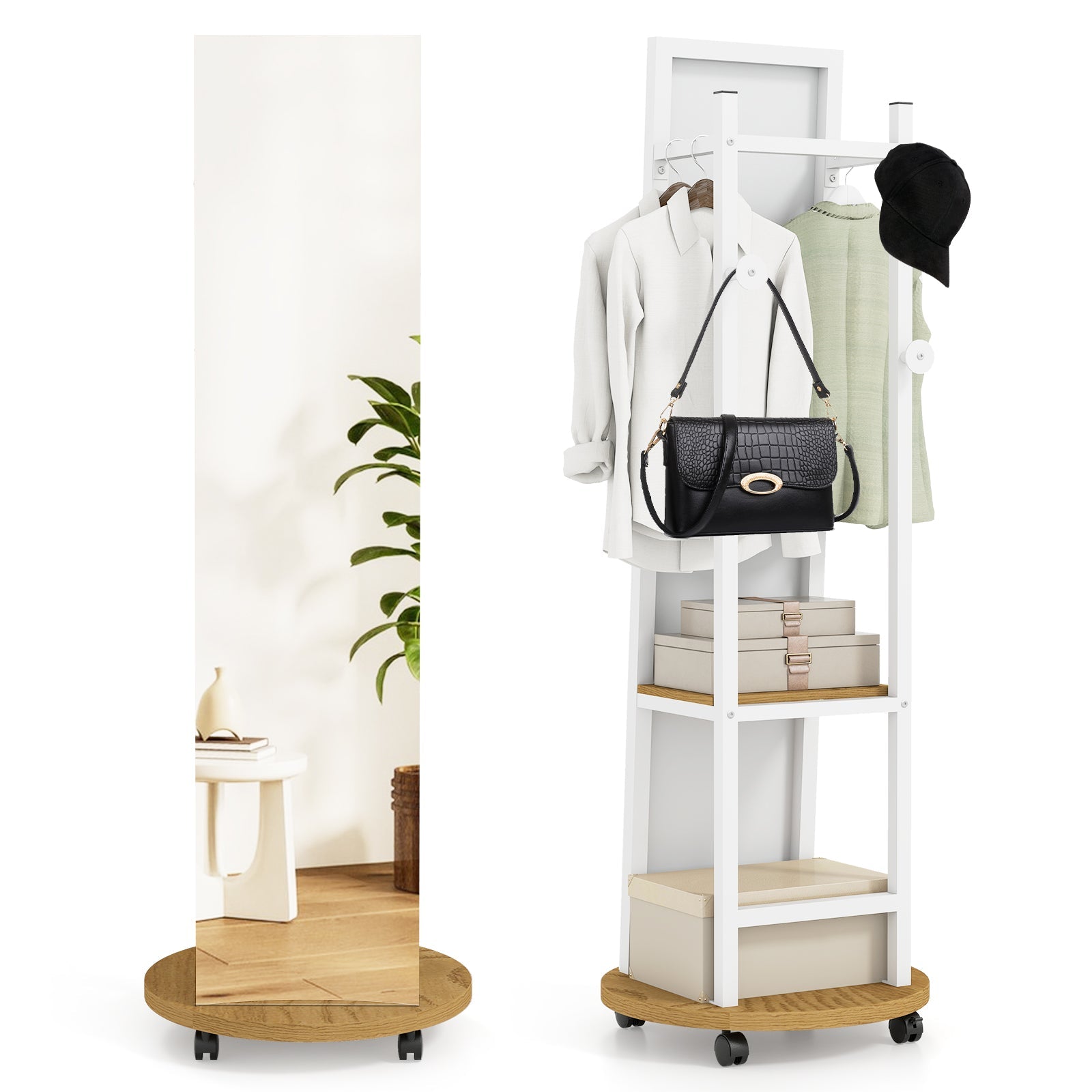 Coat Rack with Full Length Mirror Freestanding Coat Tree with 3 Hooks