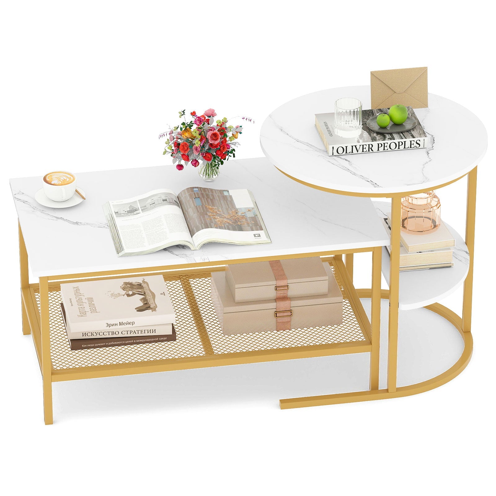 Coffee Table 2-Tier Rectangle Coffee Table and Side End Table with Storage Shelves
