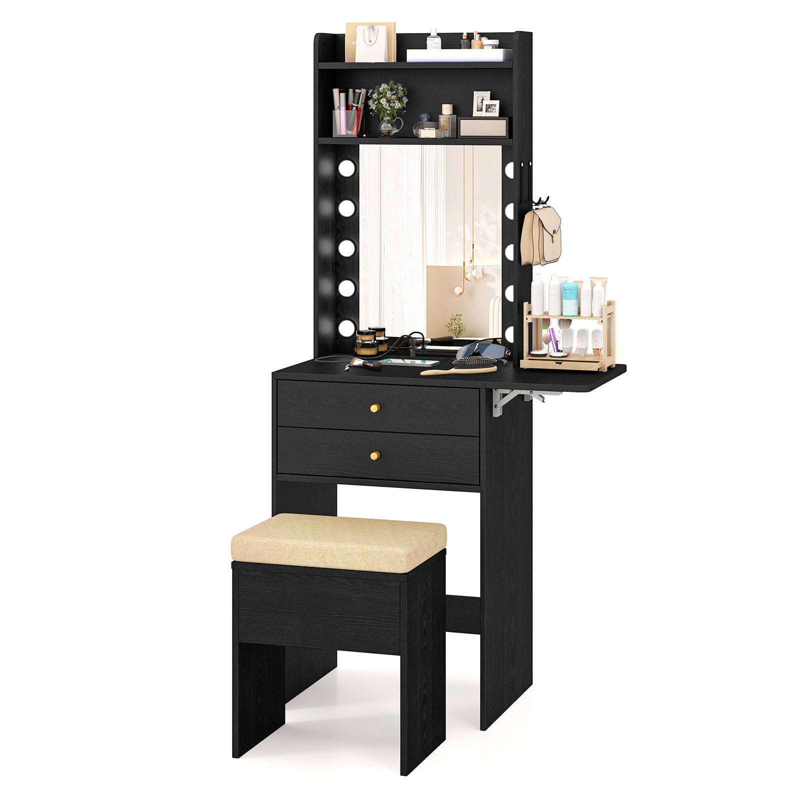 Compact Vanity Desk Set with 3-Color Lighted Mirror and Power Outlets