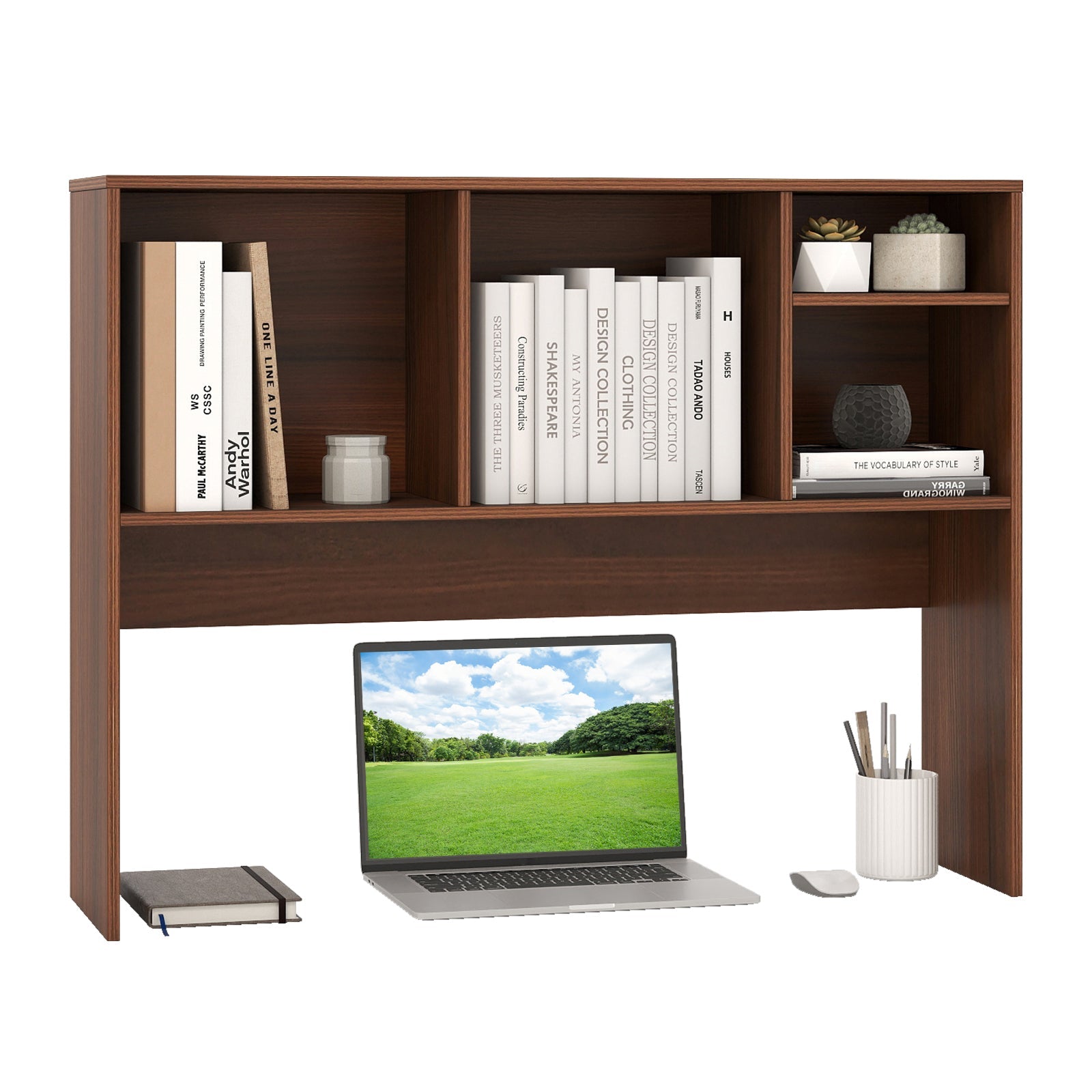 Computer Desktop Bookcase with 4 Cubbies and Open Back Compartment