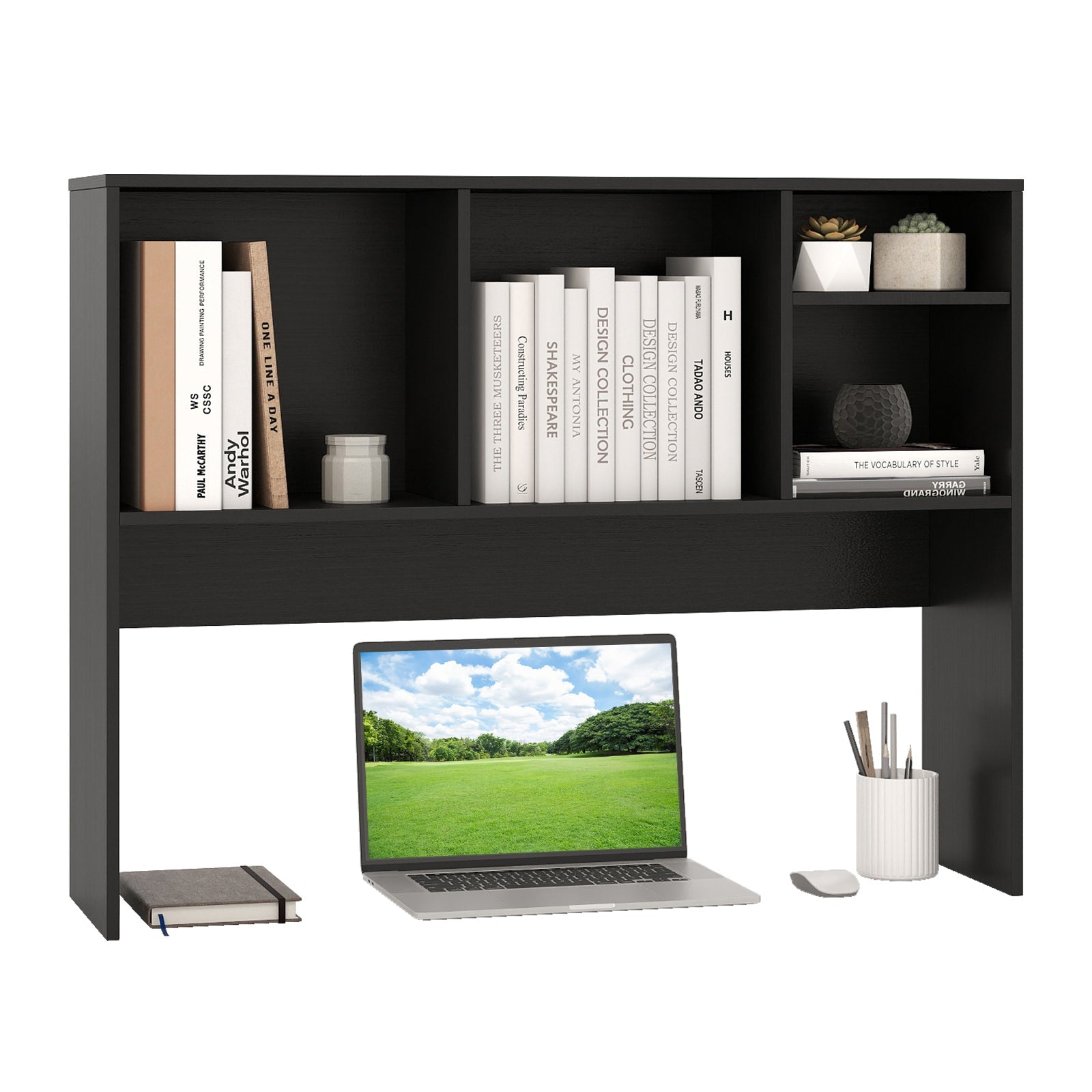 Computer Desktop Bookcase with 4 Cubbies and Open Back Compartment