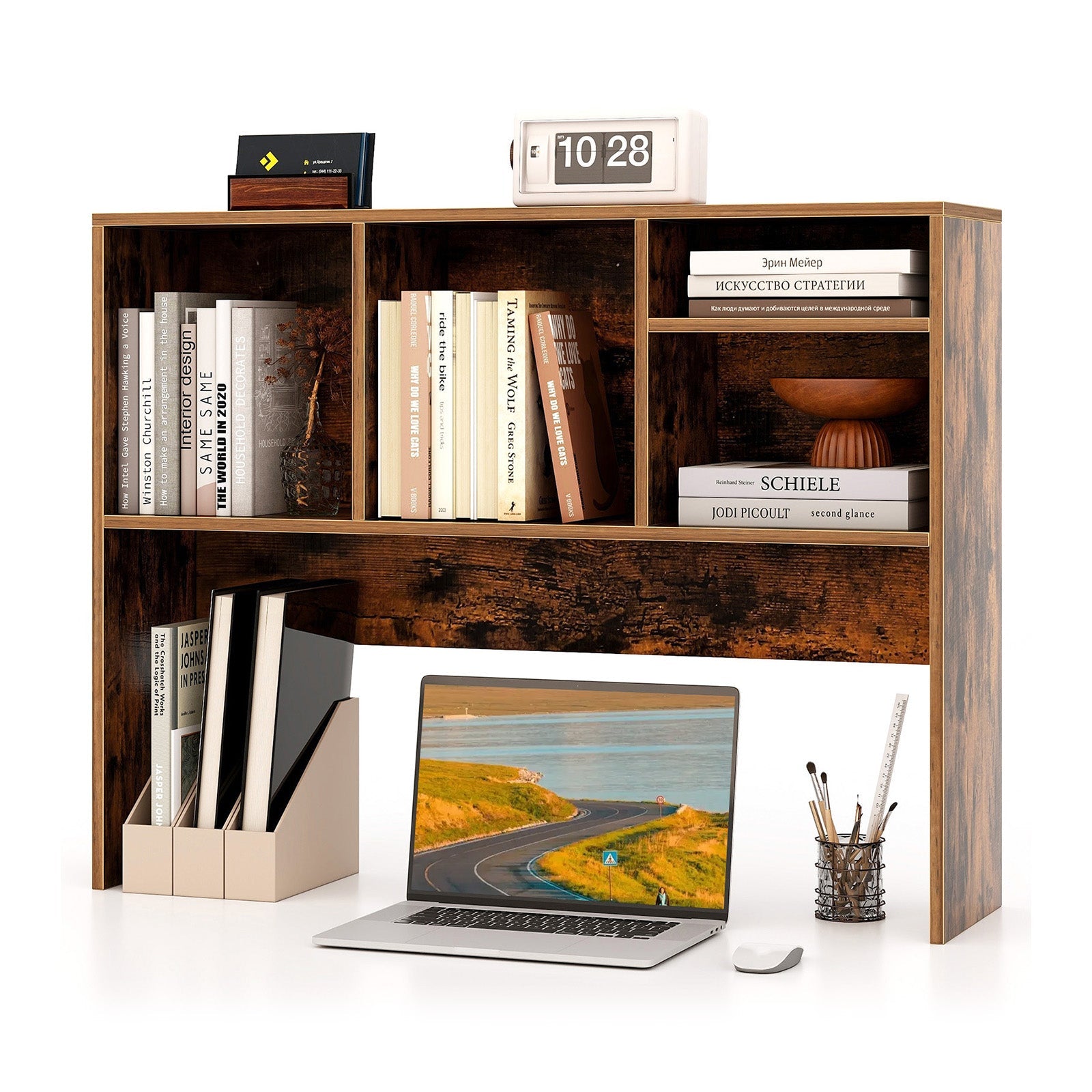 Computer Desktop Bookcase with 4 Cubbies and Open Back Compartment