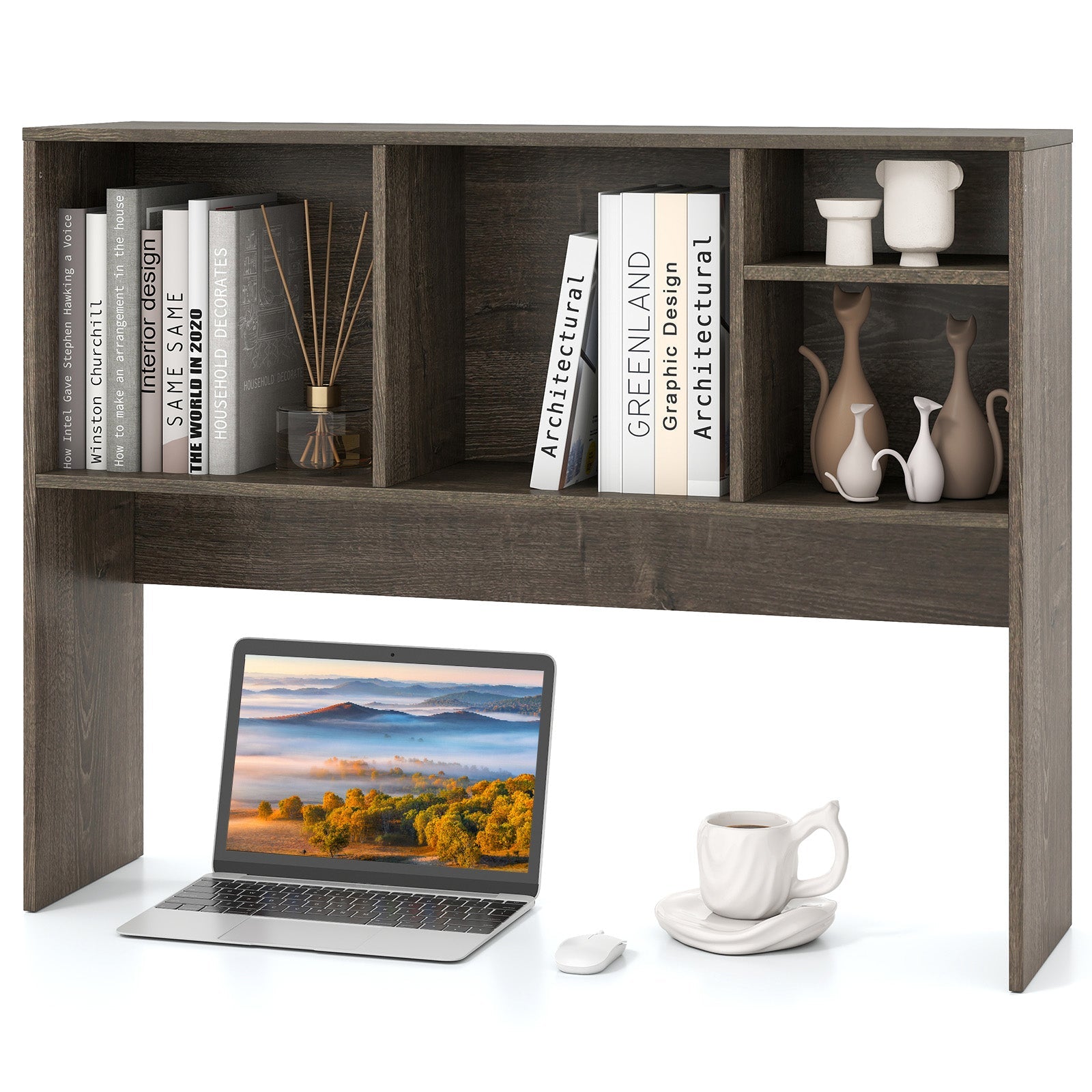 Computer Desktop Bookcase with 4 Cubbies and Open Back Compartment