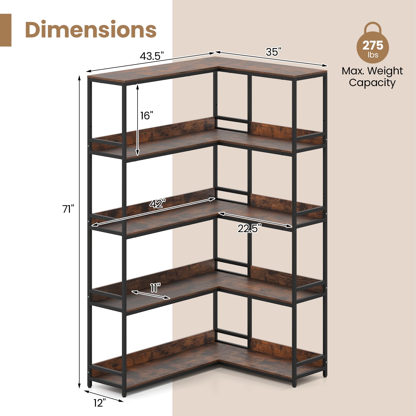 Corner Bookshelf 5-Tier L-Shaped Bookcase Etagere Bookshelf with Metal Frame