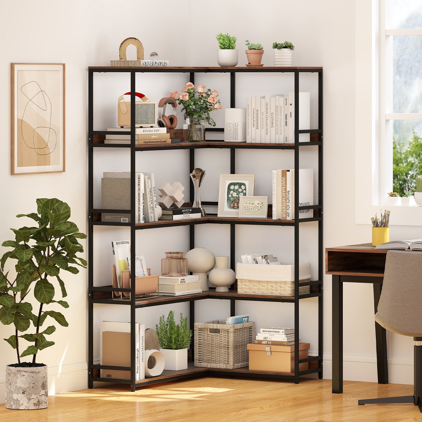 Corner Bookshelf 5-Tier L-Shaped Bookcase Etagere Bookshelf with Metal Frame