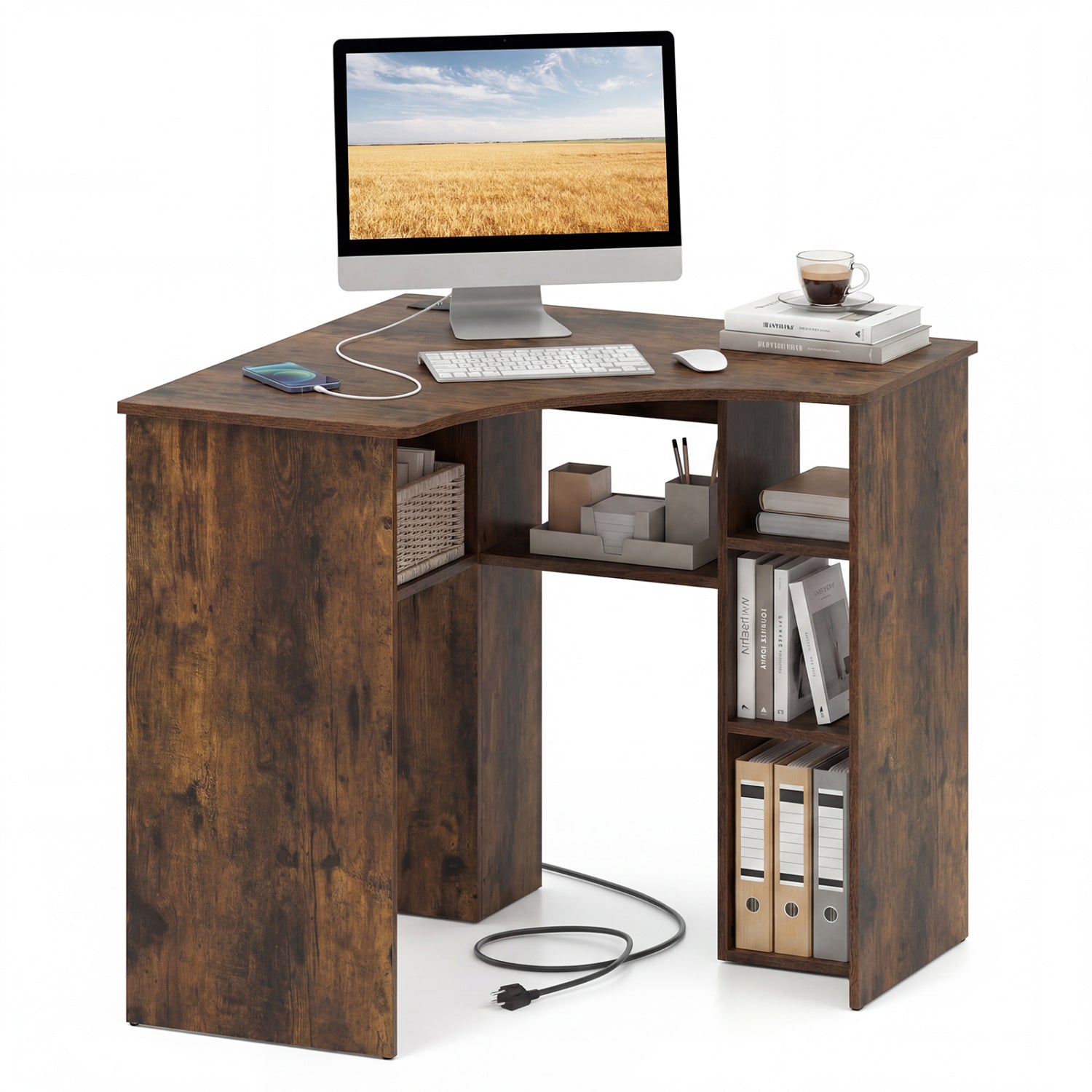 Corner Computer Desk Triangle Home Office Desk with Adjustable Shelf and Arc-Shaped Profile