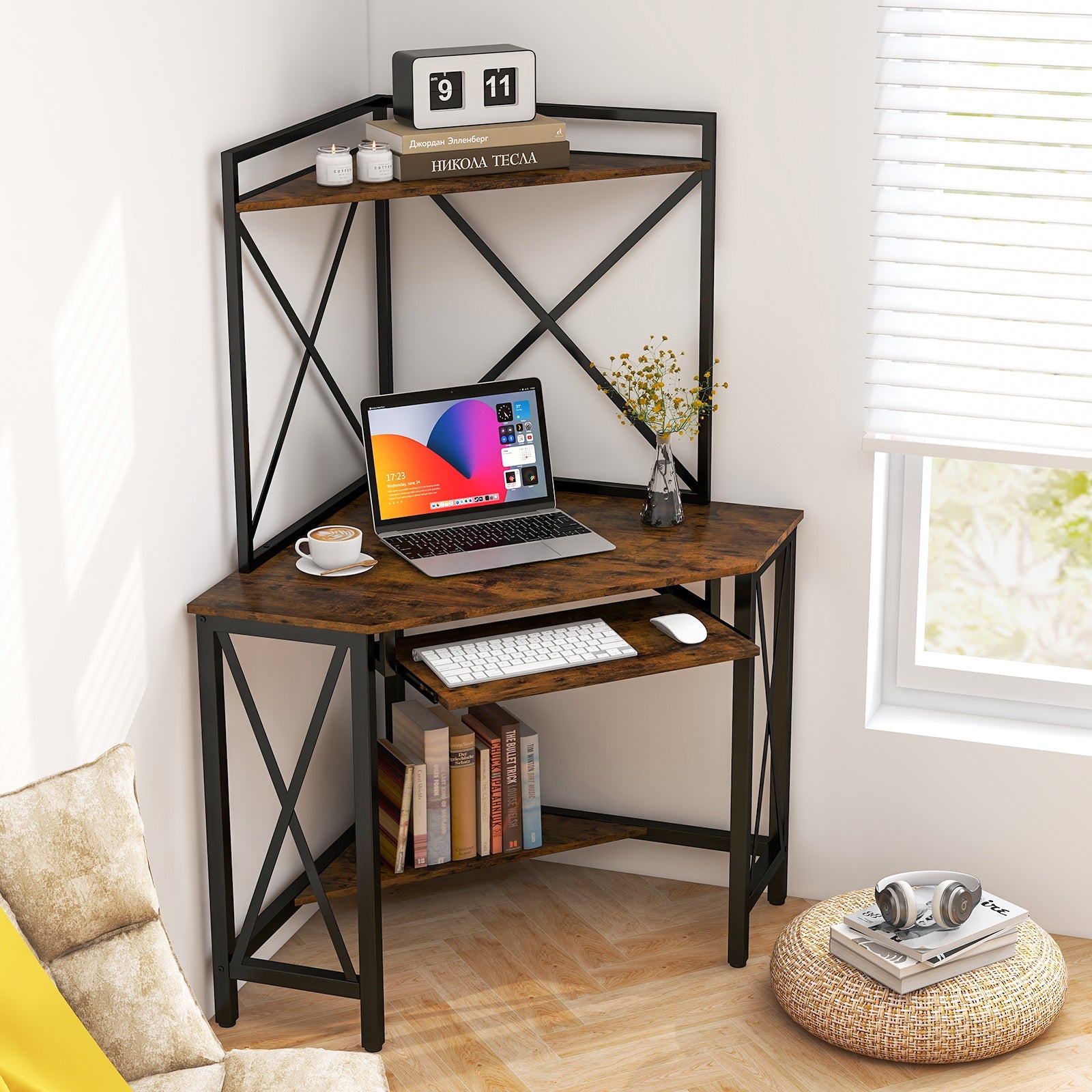 Space-Saving Corner Computer Desk with with Hutch and Keyboard Tray
