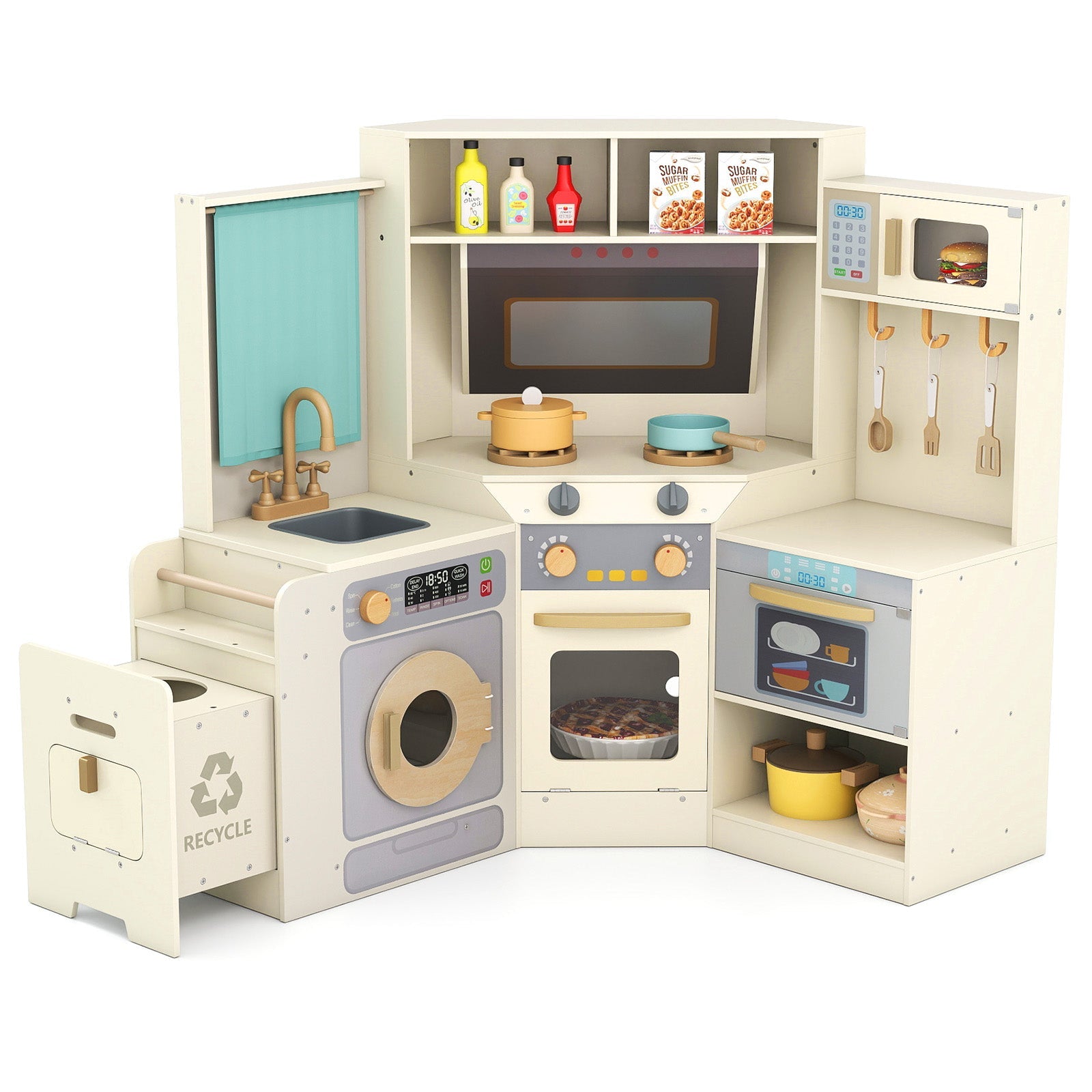 Corner Kitchen Toys with Lights and Sounds with Pull-out Trash Can and Stoves