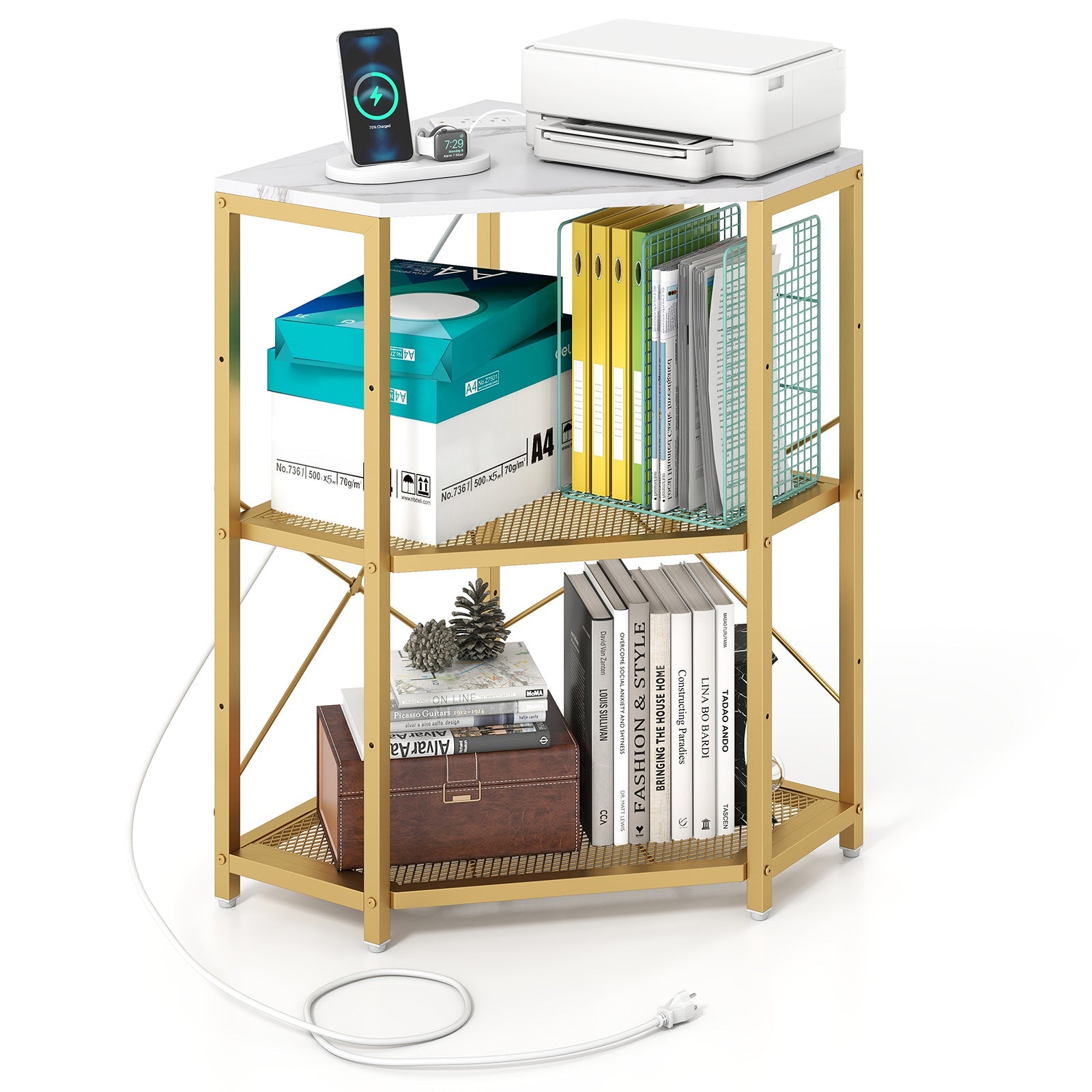 Corner Printer Stand with Power Outlet 3-Tier Storage Rack with Adjustable Shelf