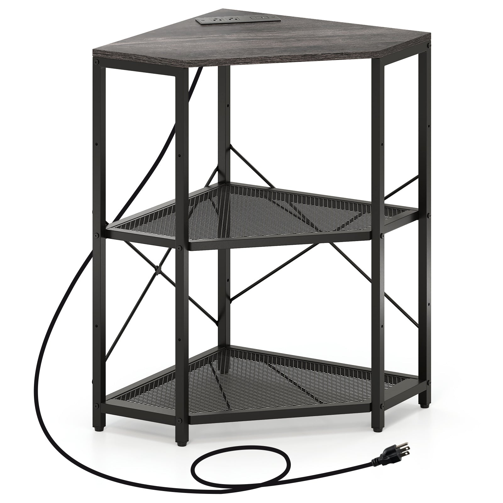 Corner Printer Stand with Power Outlet 3-Tier Storage Rack with Adjustable Shelf