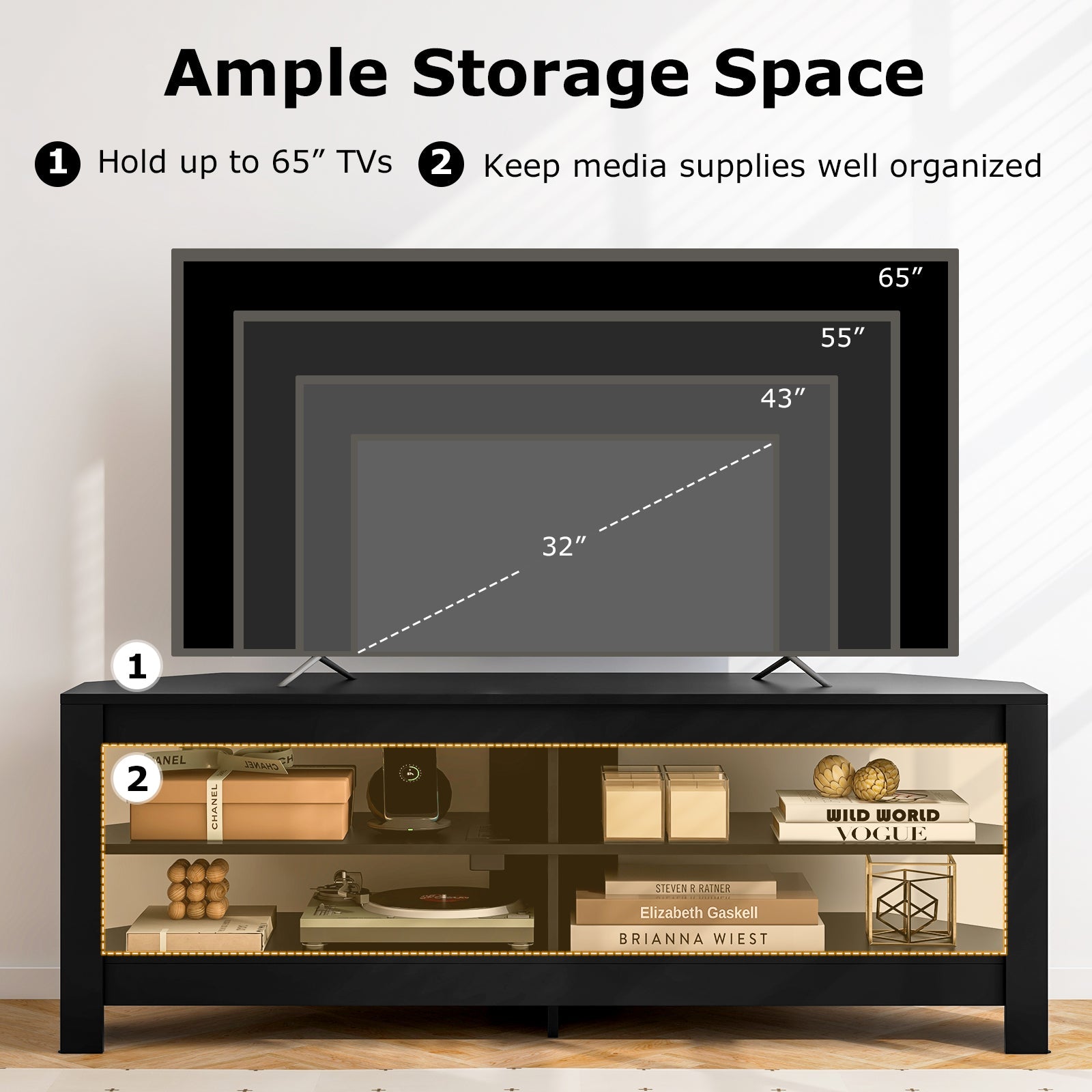 Corner TV Stand with Power Outlet and 4 Open Storage Shelves