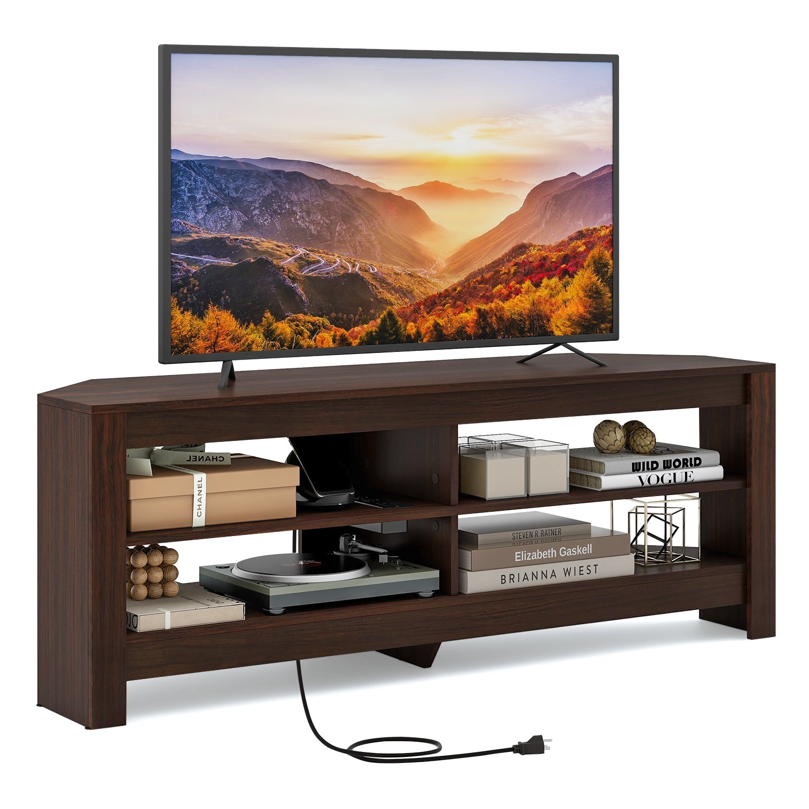 Corner TV Stand with Power Outlet and 4 Open Storage Shelves