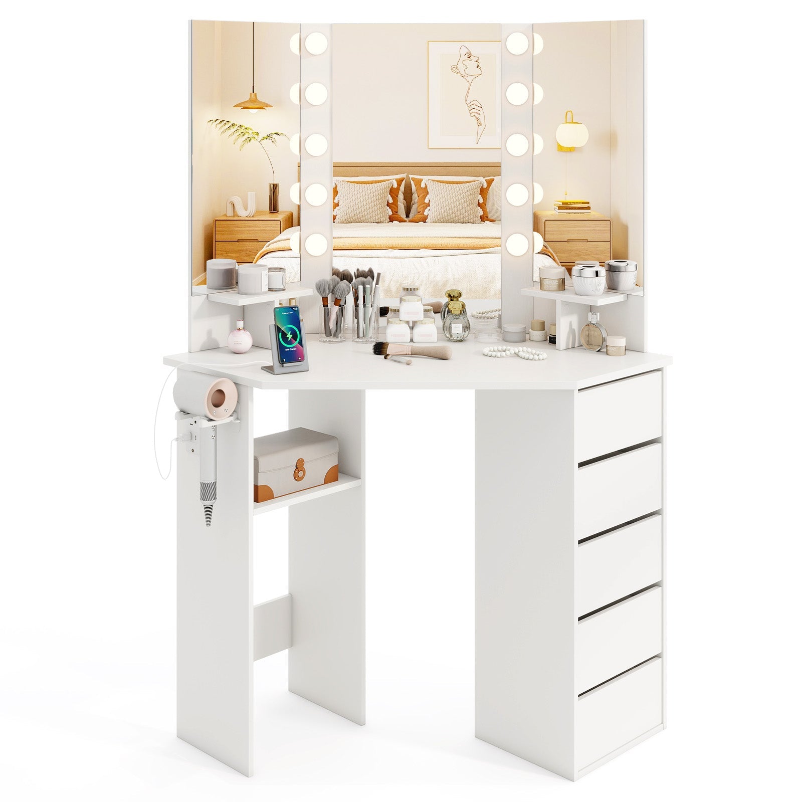 Corner Vanity Desk with 3-Color LED Lighted Mirror and Power Outlet