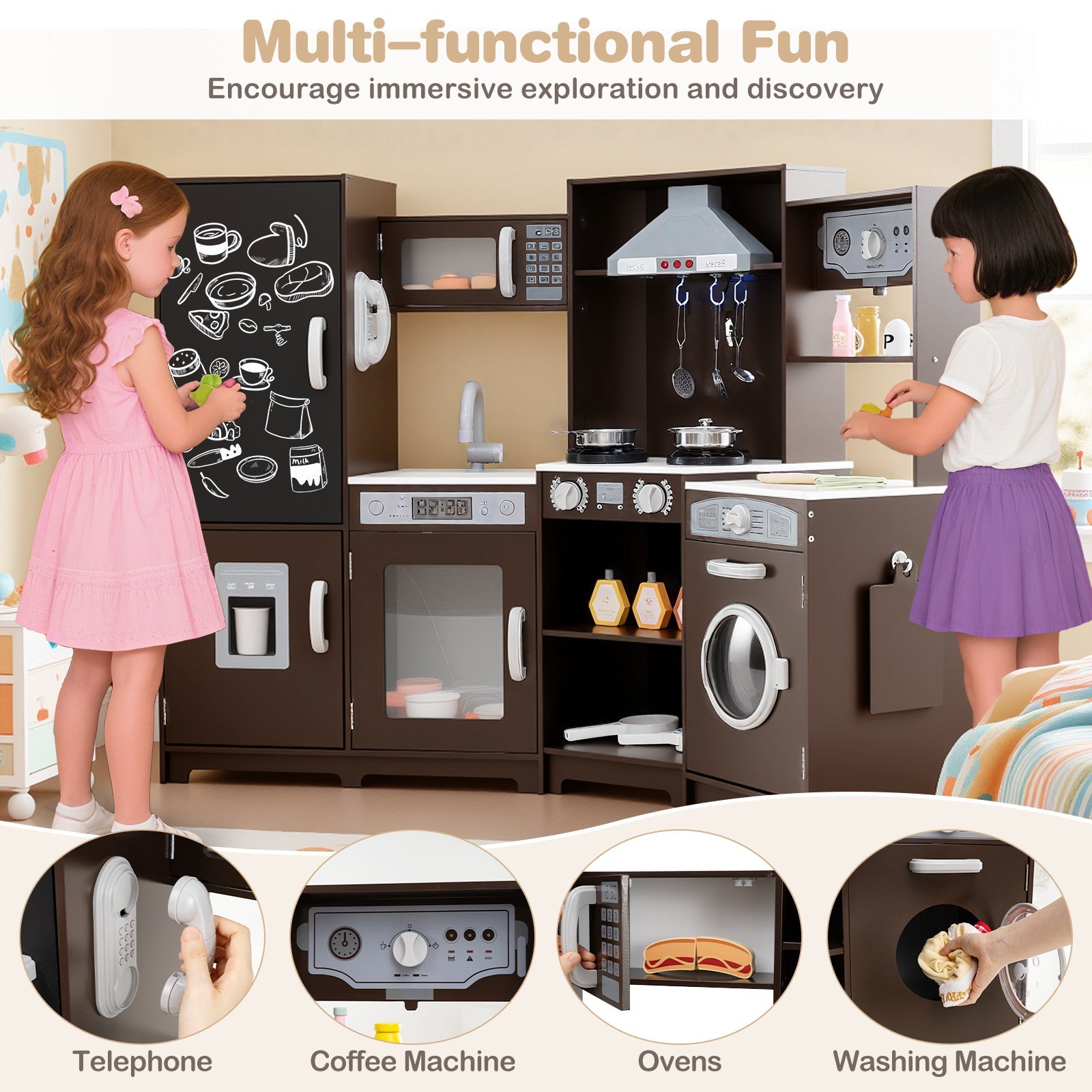 Corner Wooden Play Kitchen with Lights and Sounds Large Pretend Play Kitchen Set
