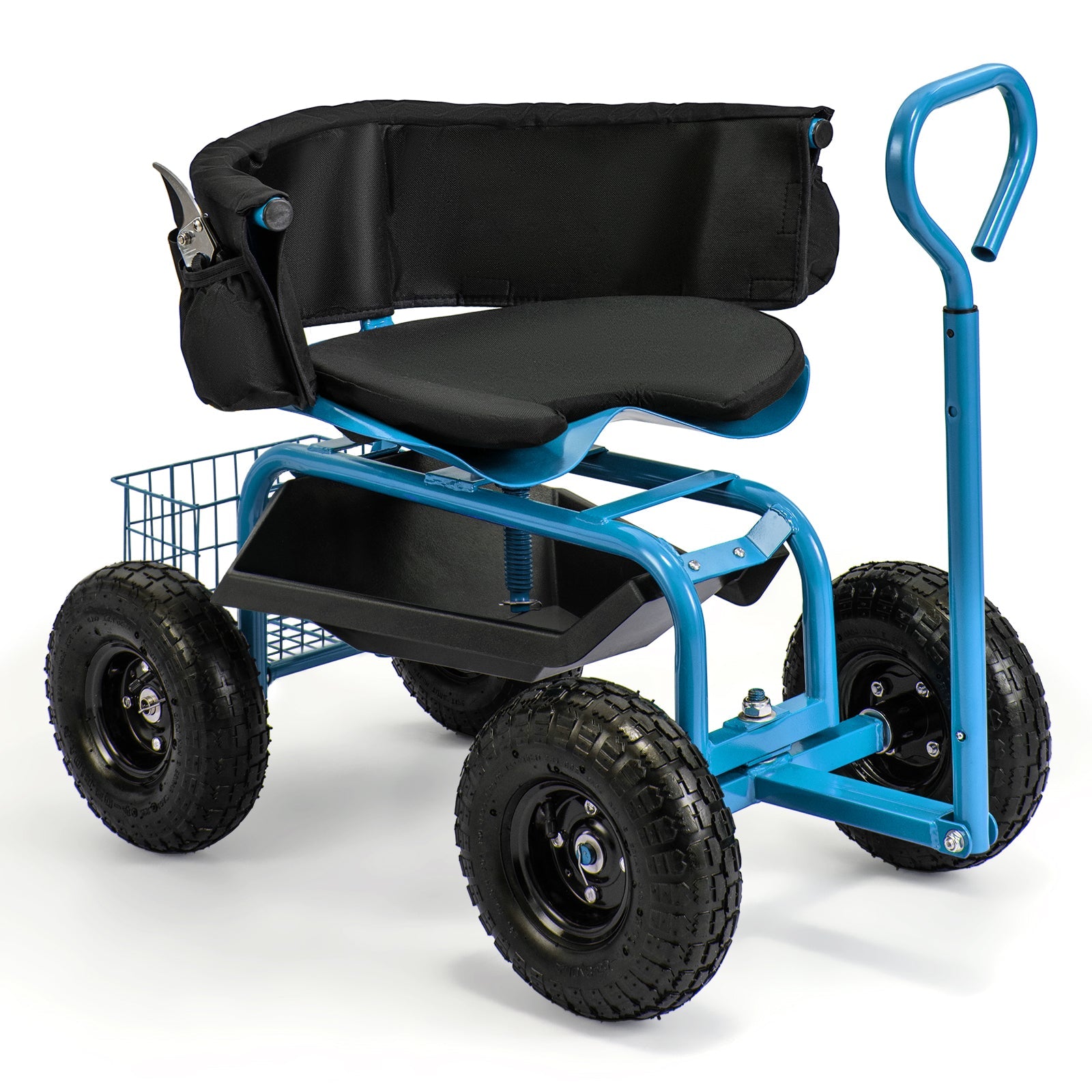 Cushioned Rolling Garden Cart Scooter with Storage Basket and Tool Pouch