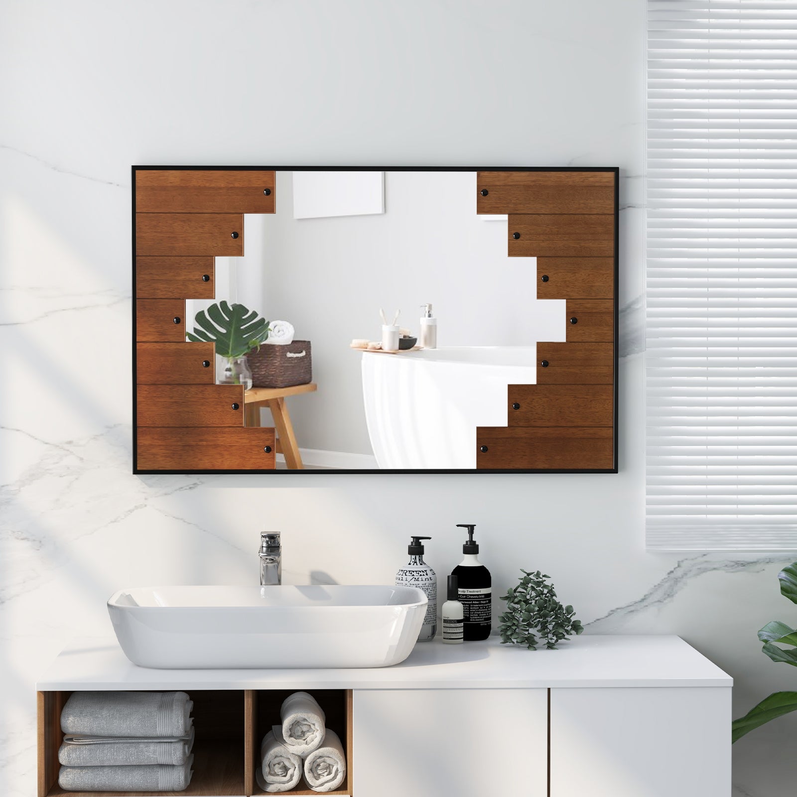 37.5 Inch x 26.5 Inch Decorative Rectangle Wall Mirror with Piano Key-Shaped Frame-Black