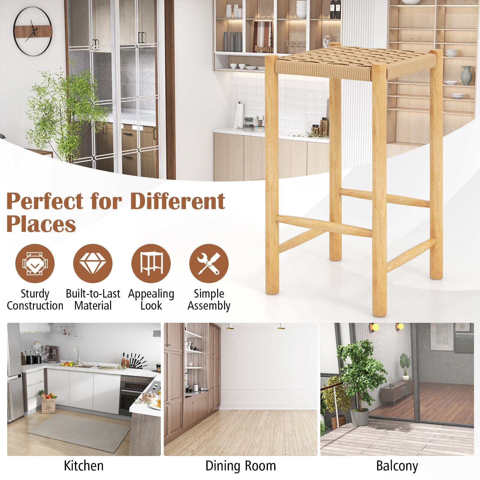 26 Inch Dining Bar Stool Set of 2-Natural