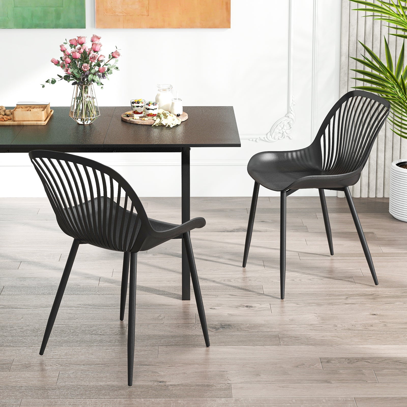 Modern Kitchen Chairs with Metal Legs Cutout Backrest Curved Seat for Dining Room Home Office-Black