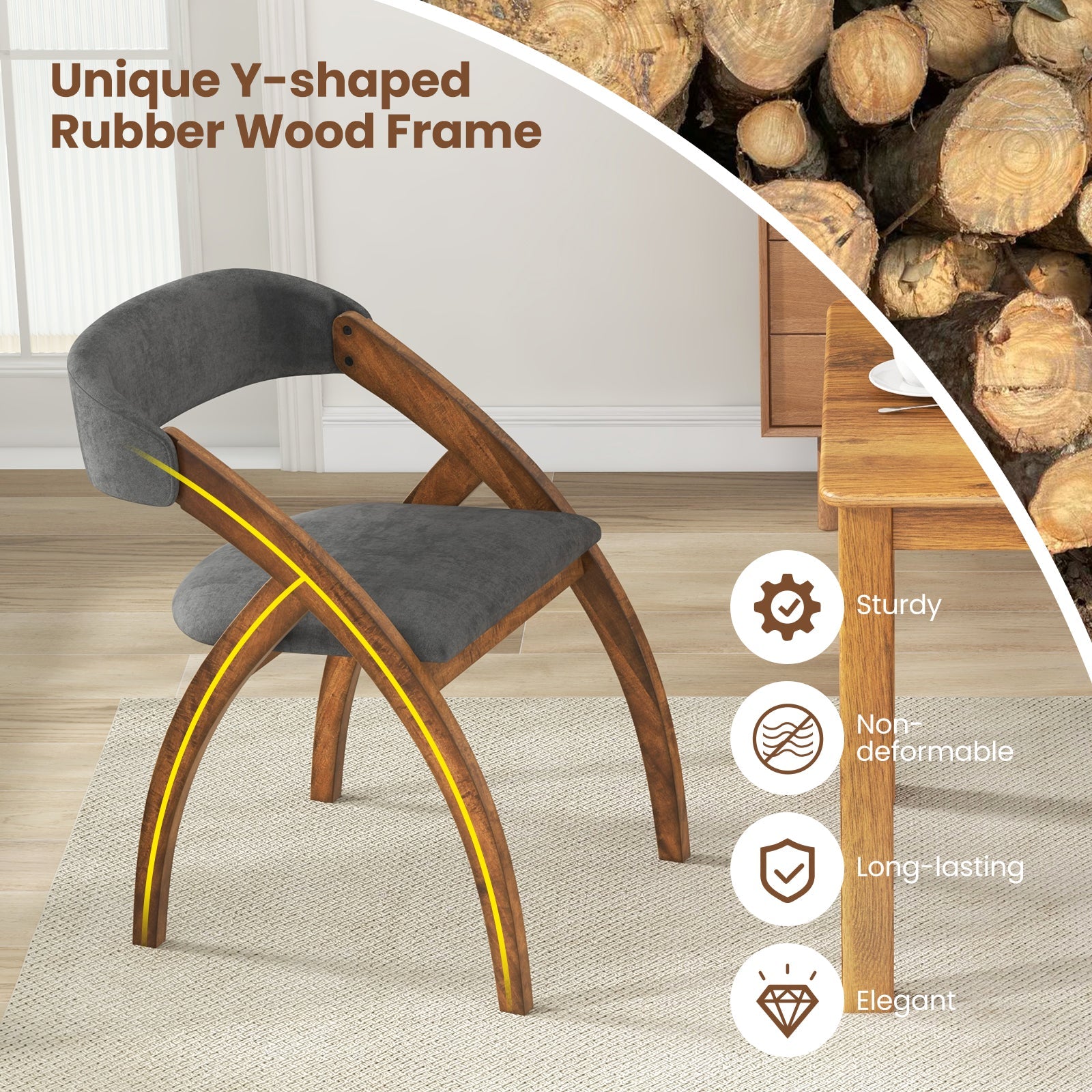 Dining Chair Set of 2 with Padded Cushion and Curved Back for Living Room-Walnut