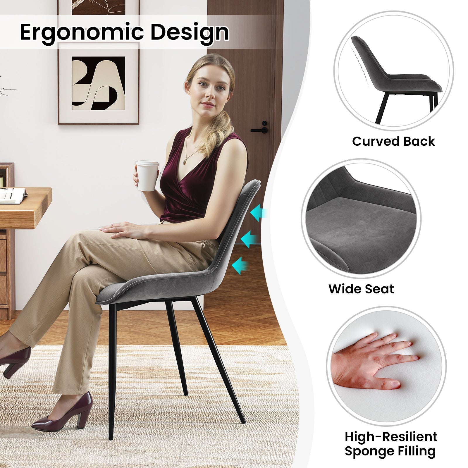 Dining Chair Set of 4 Faux Leather Upholstered Kitchen Chairs with Metal Legs