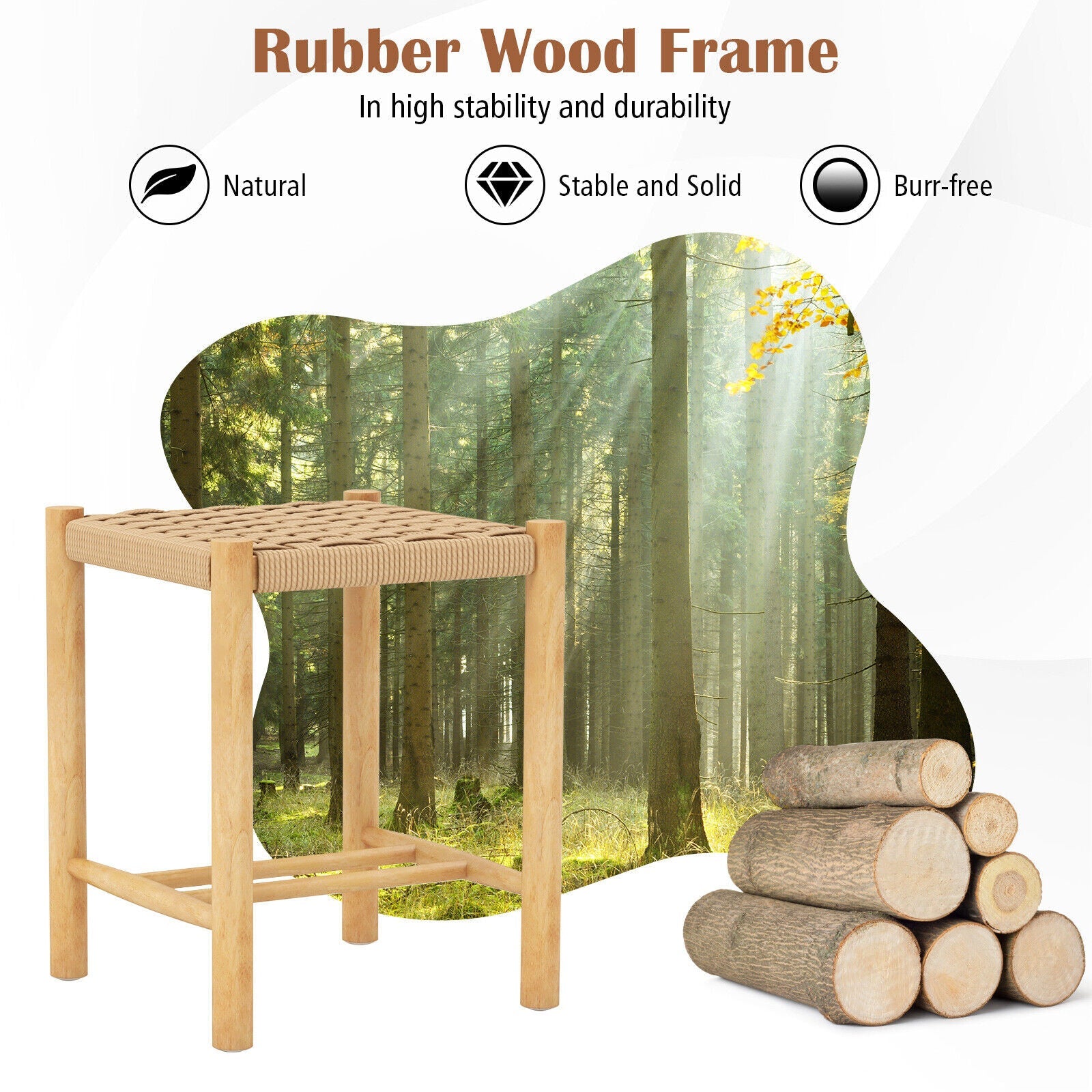 Dining Stool Set of 2 with Rubber Wood Frame-Natural