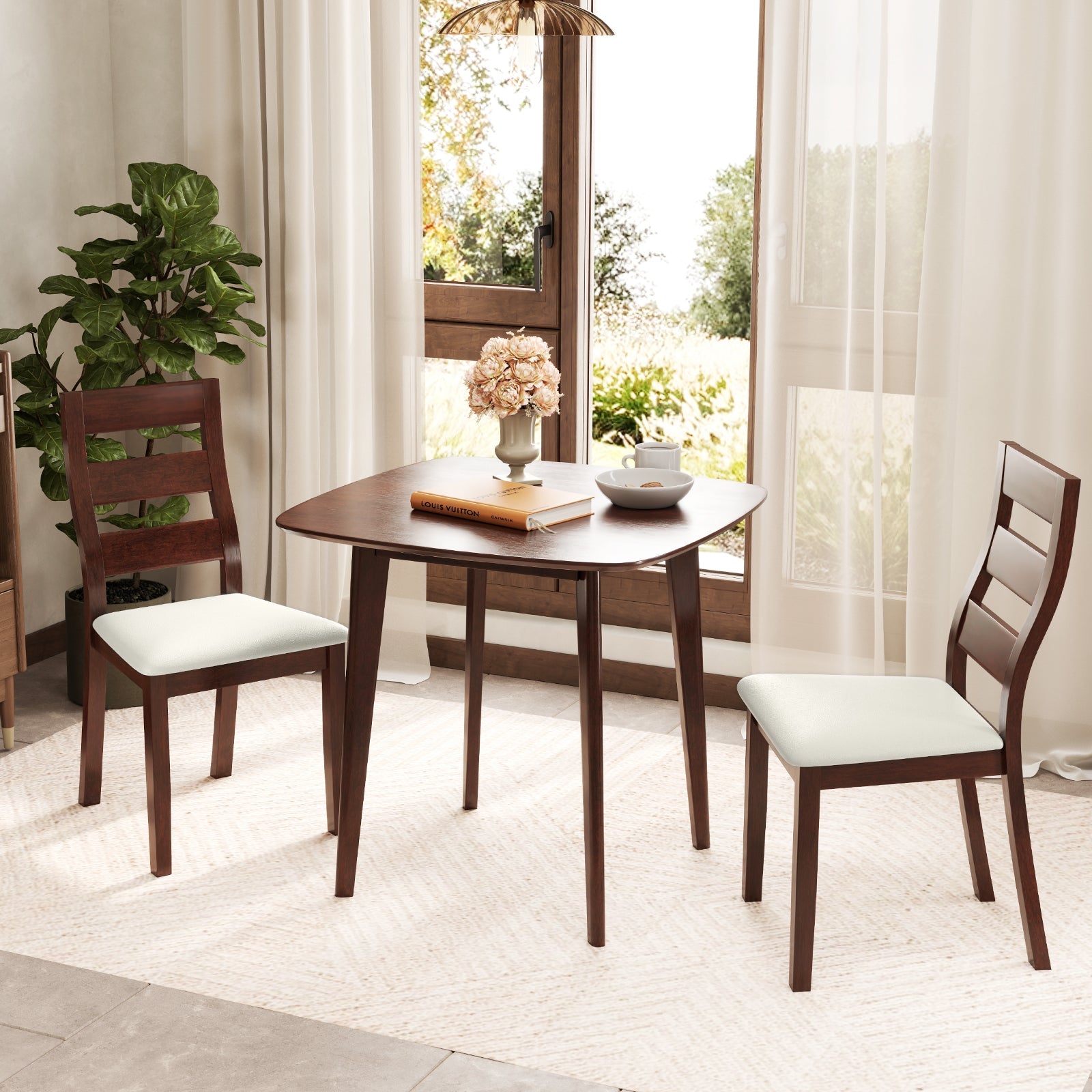 3-Piece Dining Table Set with Wooden Square Kitchen Table and 2 Chairs-Walnut