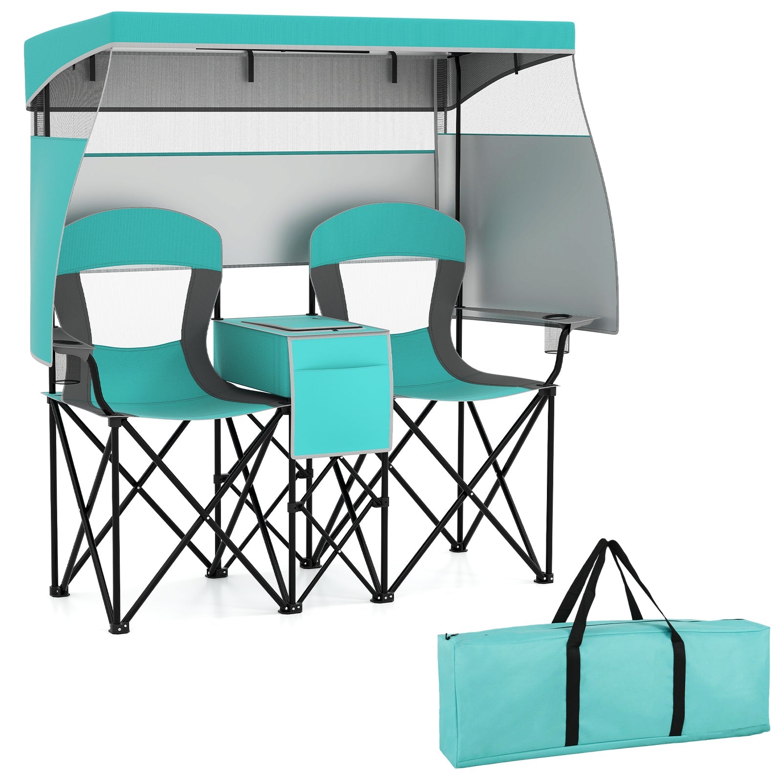 Double Beach Chair with Adjustable Canopy and 3 -Side Shading Curtains