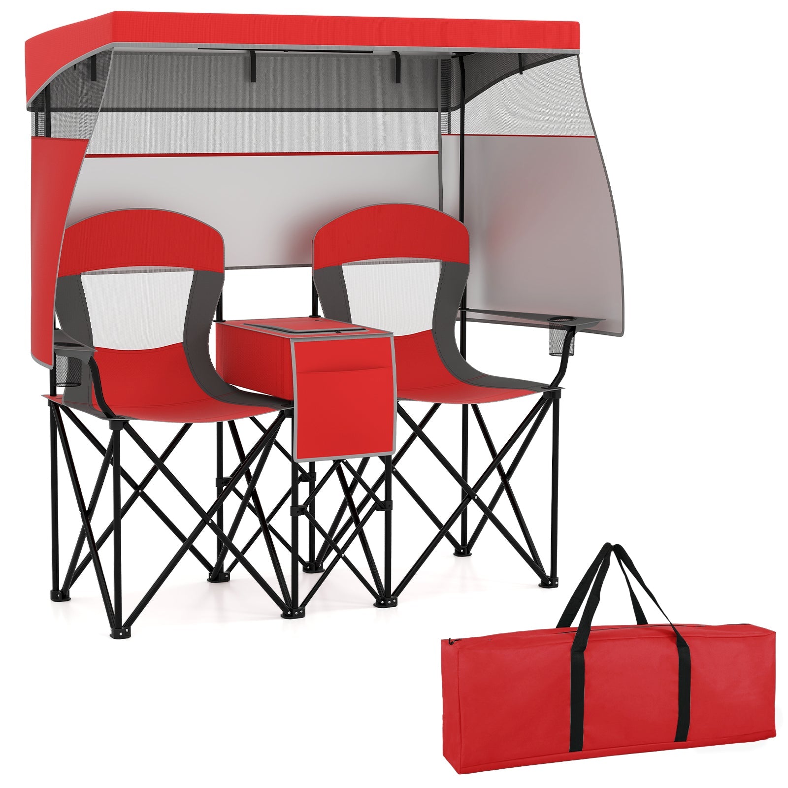 Double Beach Chair with Adjustable Canopy and 3 -Side Shading Curtains