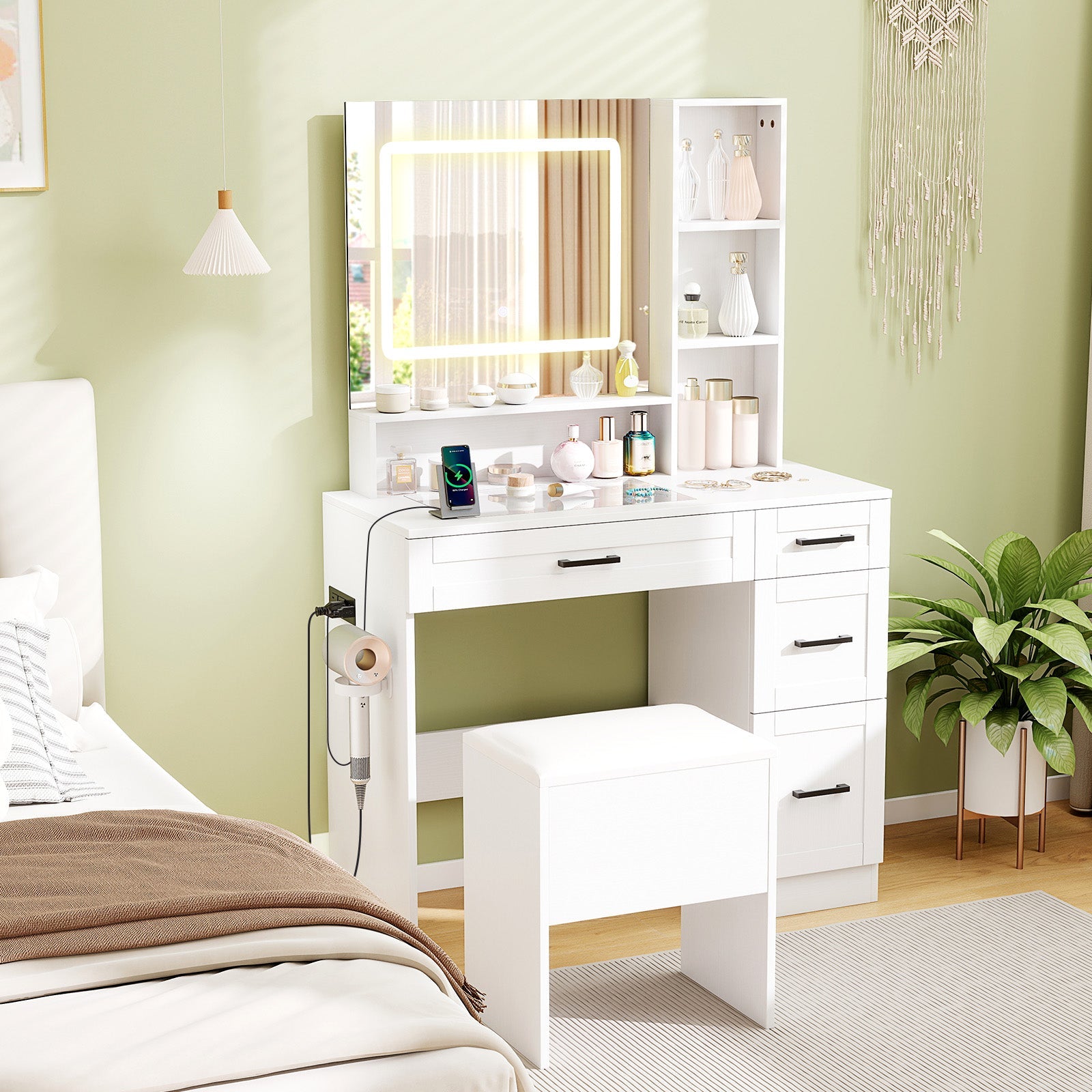 Dressing Desk with 3 Color Lighting and Hair Dryer Stand-White
