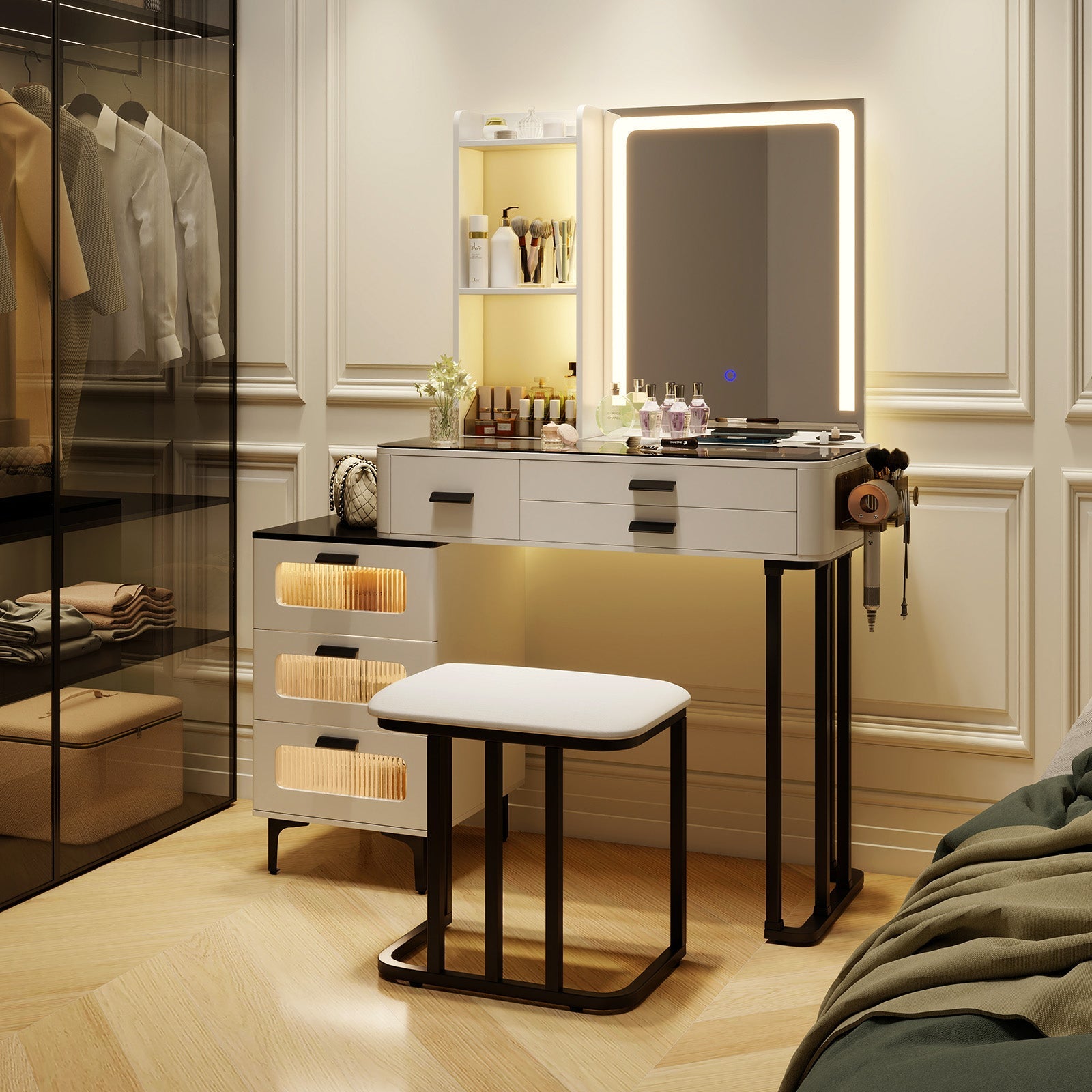 Makeup Vanity Dressing Table and Stool Set with Mirror and 3-Color LED Lights-White
