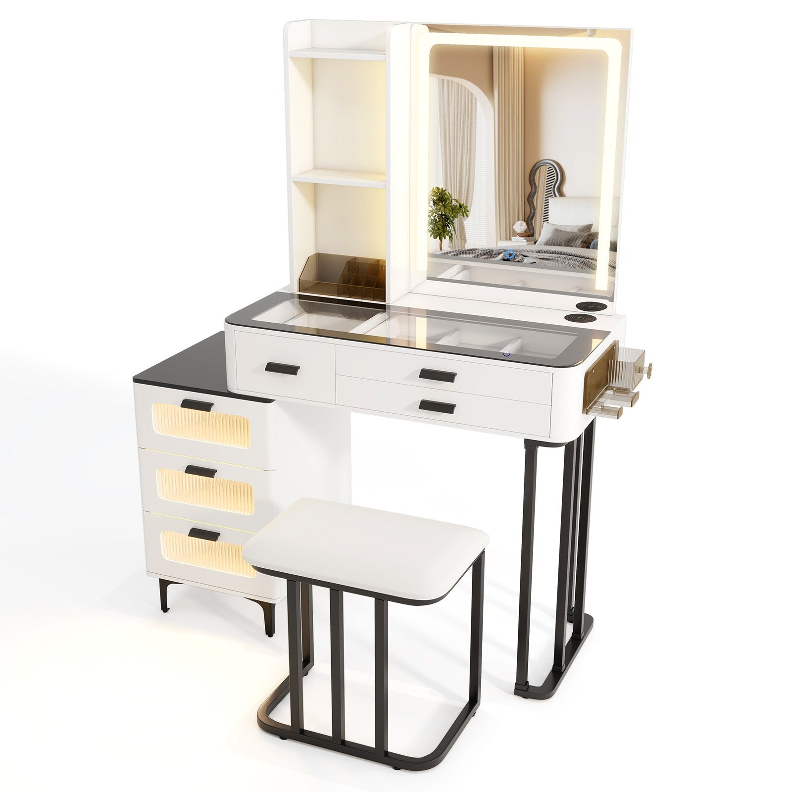 Makeup Vanity Dressing Table and Stool Set with Mirror and 3-Color LED Lights-White