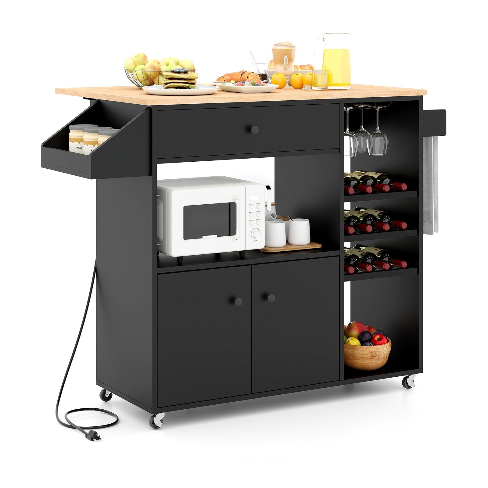 Drop Leaf Mobile Kitchen Island Cart with Power Outlet and Adjustable Shelf-Rustic Brown
