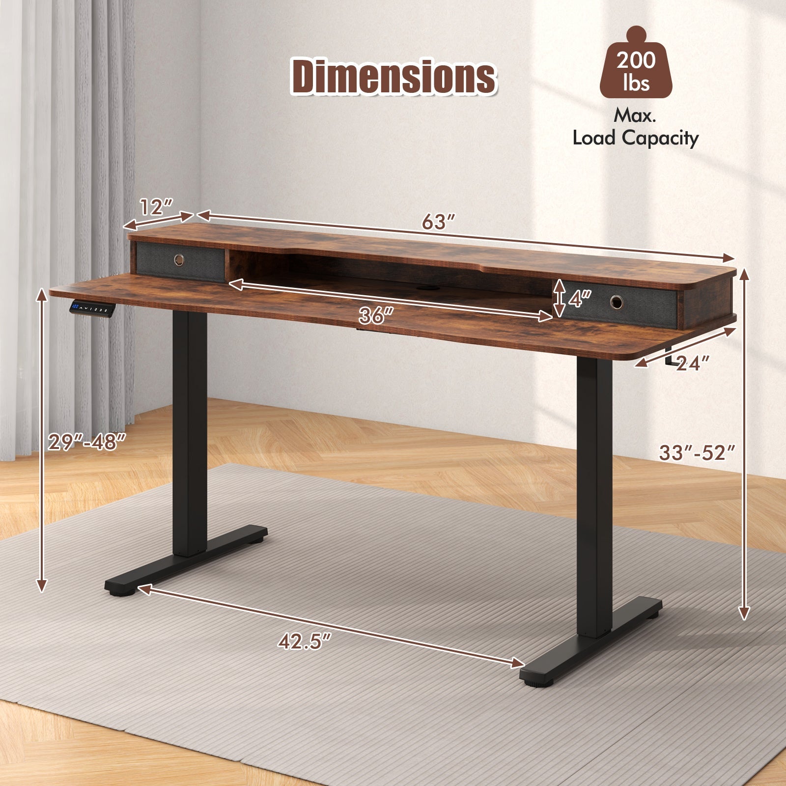 63 Inch x 24 Inch Electric Standing Desk with 2 Drawers
