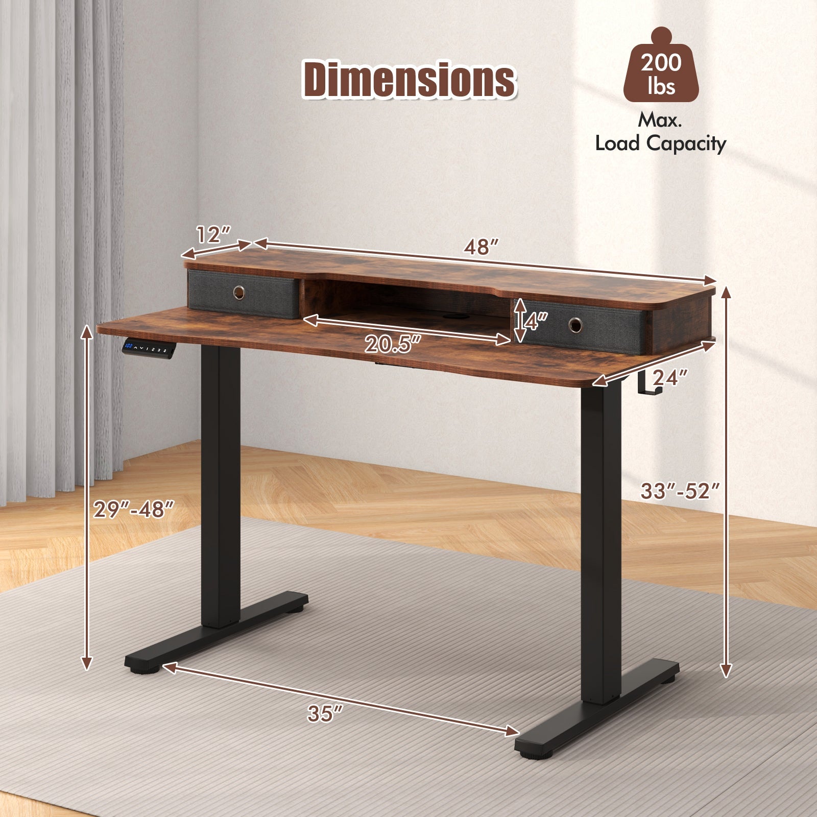 48 Inch x 24 Inch Height Adjustable Electric Standing Desk with 2 Drawers