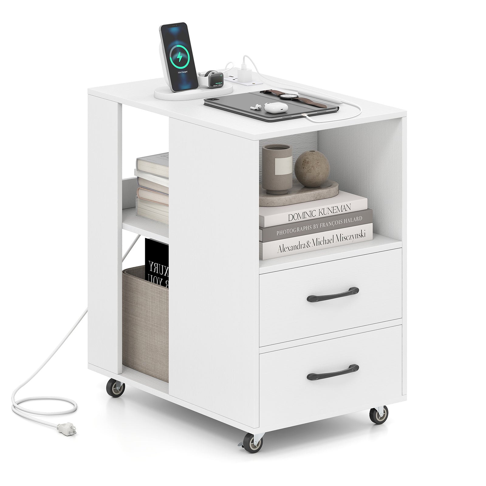 End Table with Built-in Charging Station Sofa Side Bedside Table on Wheels