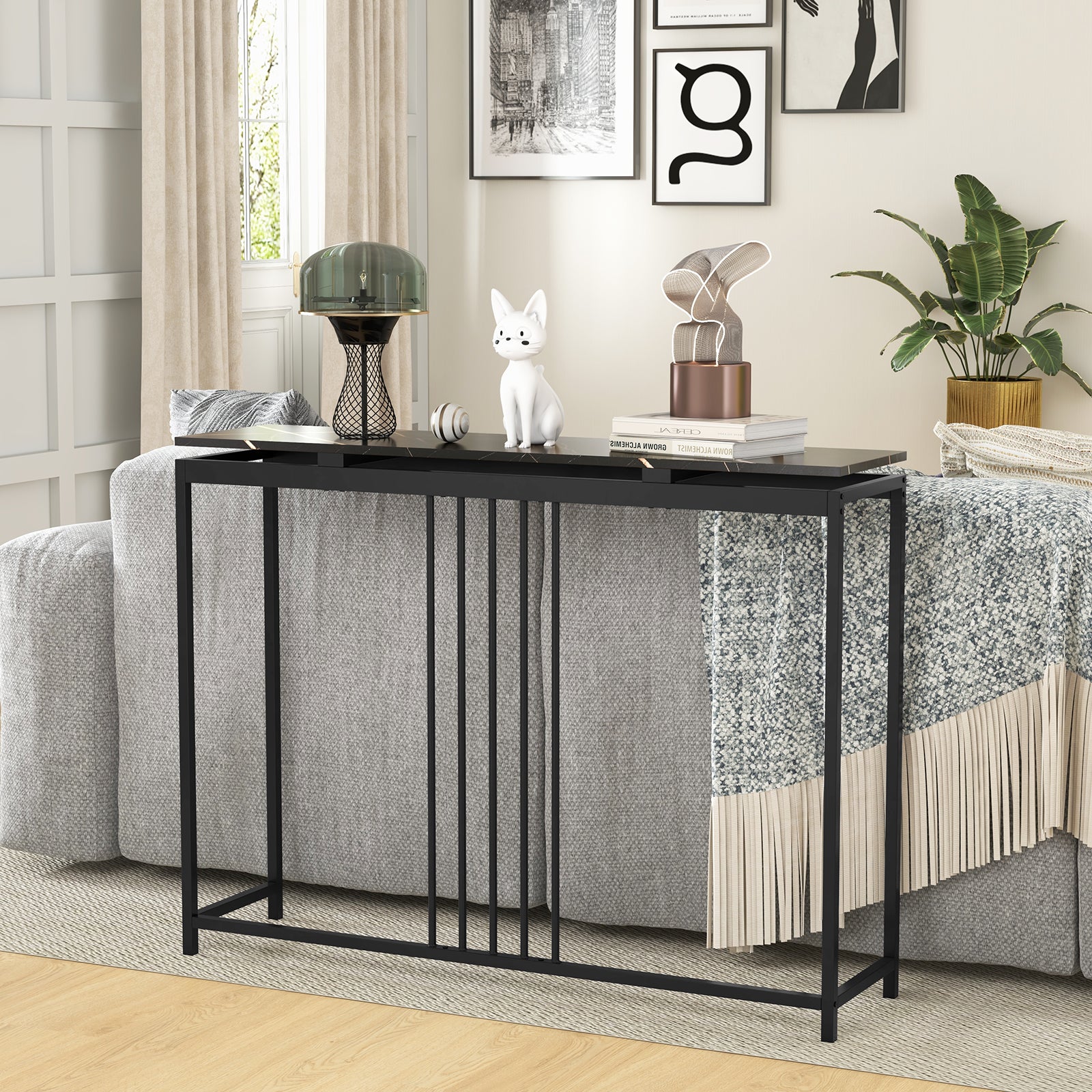 Entrance Couch Table with Narrow Faux Marble Top for Living Room and Hallway-Black