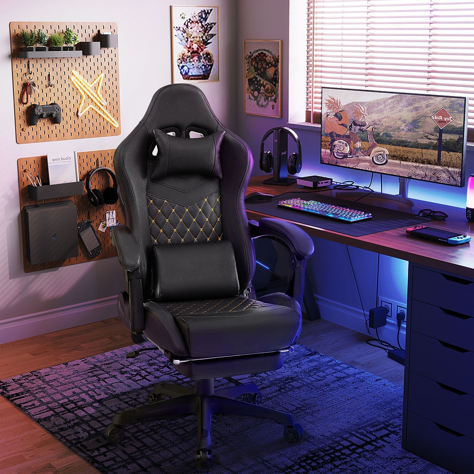 Ergonomic Video Game Computer Chair with Headrest and Lumbar Pillow-Black