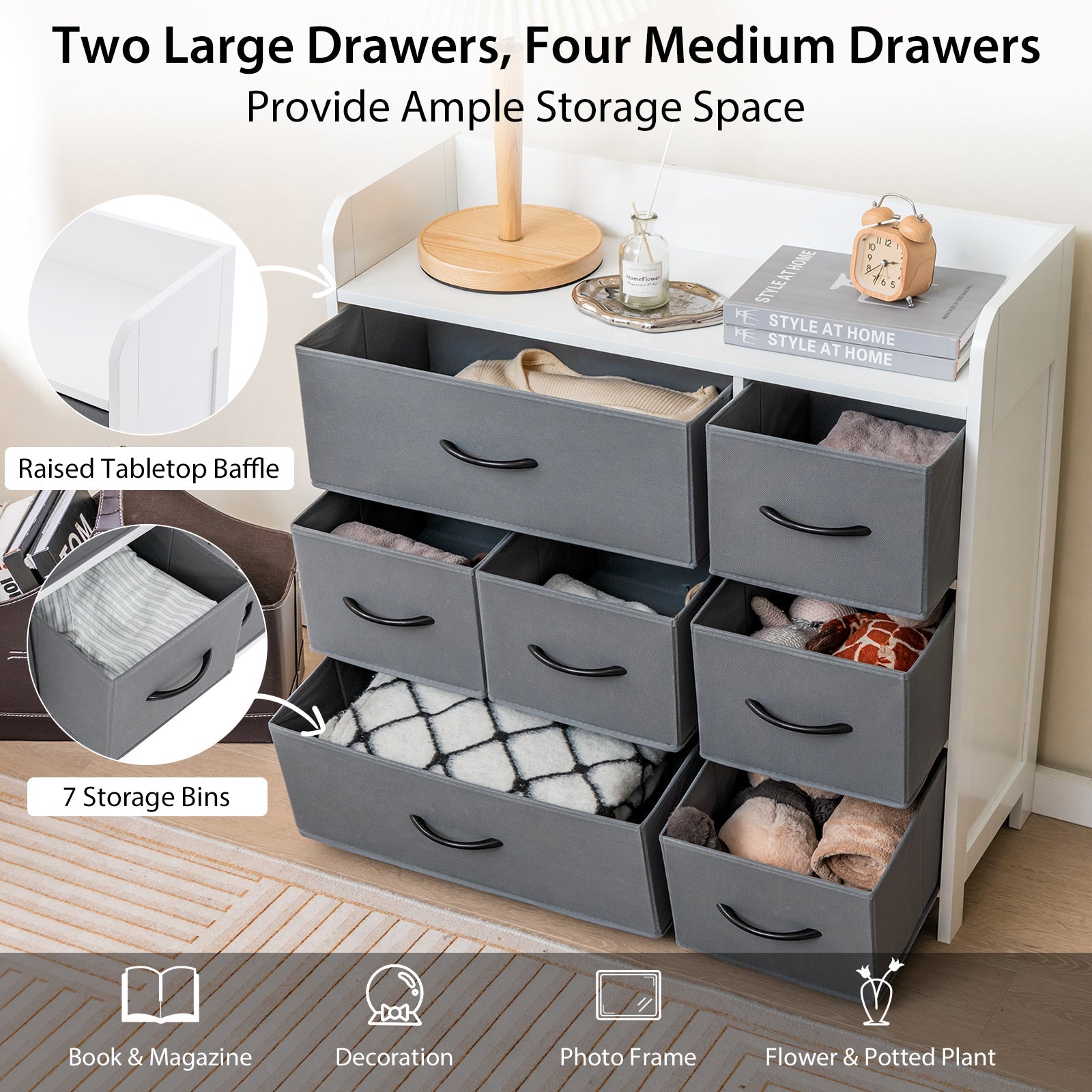 Fabric Dresser with 7 Drawers for Bedroom-White
