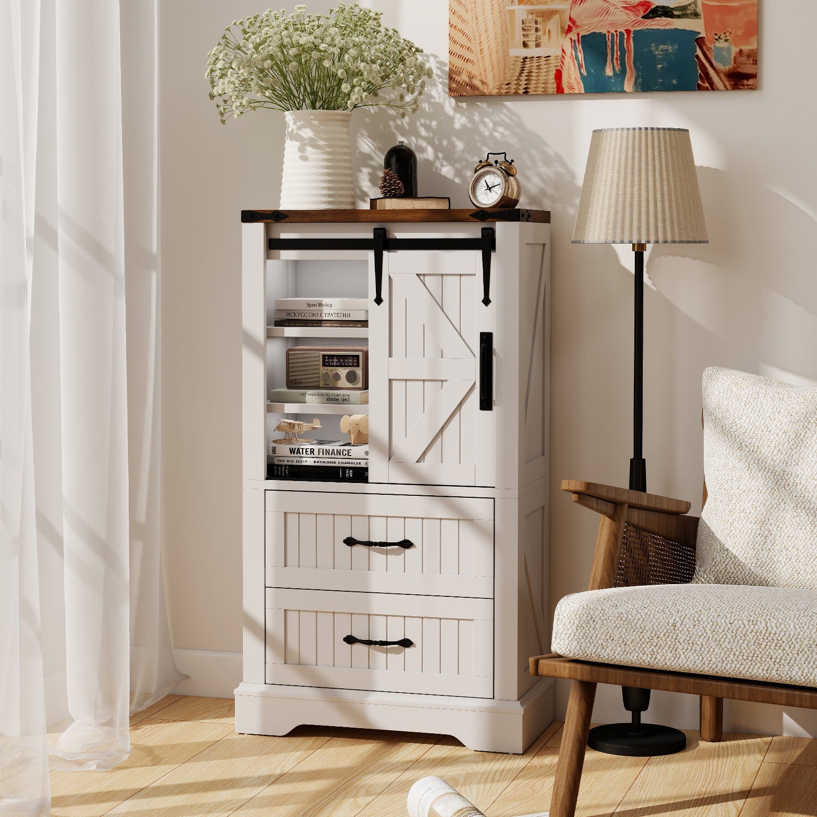 Farmhouse Bathroom Floor Cabinet Freestanding Wooden Storage Organizer-White