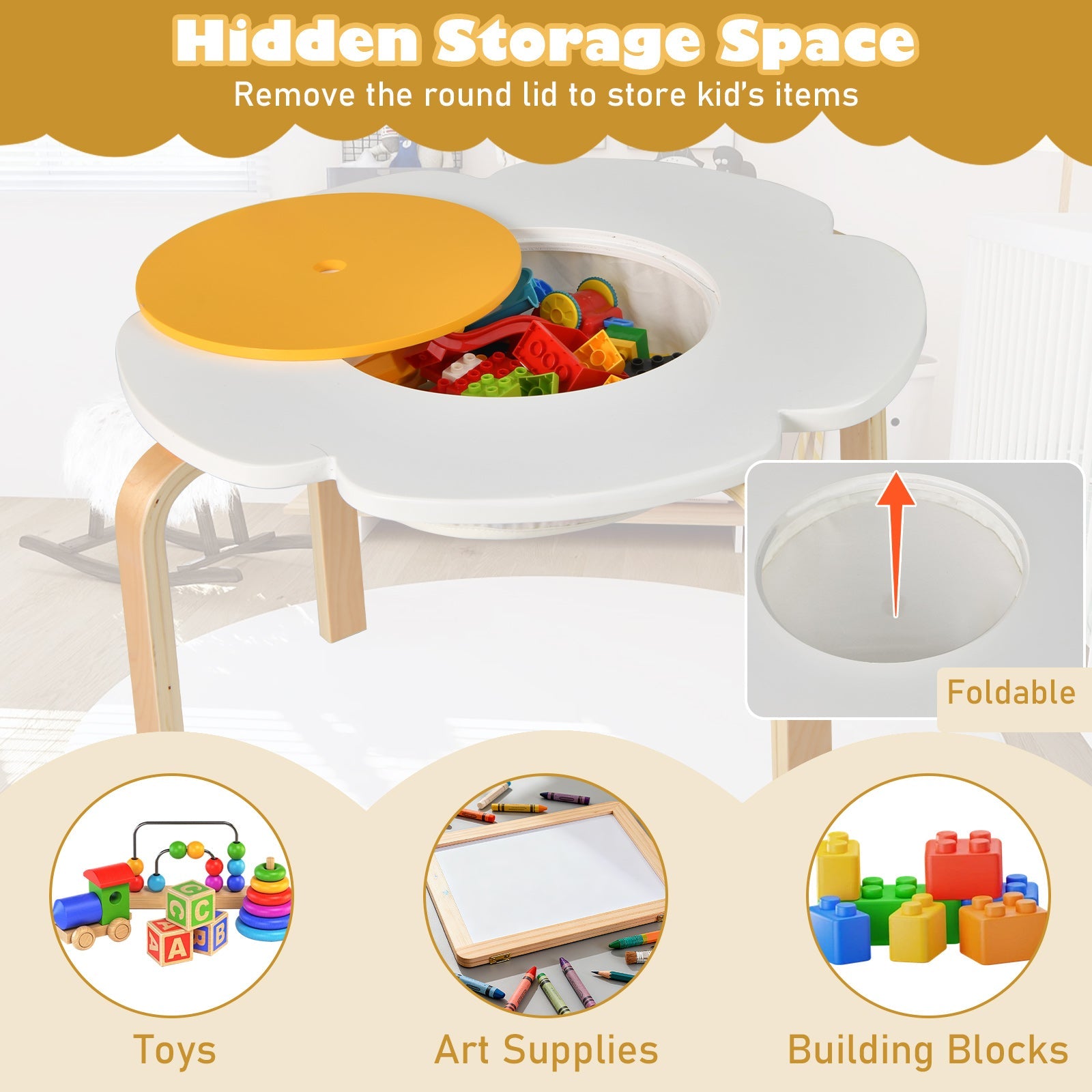 Flower-shaped Children Table Set Wooden Play and Activity Table with 2 Colorful Chairs and Stools-Multicolor