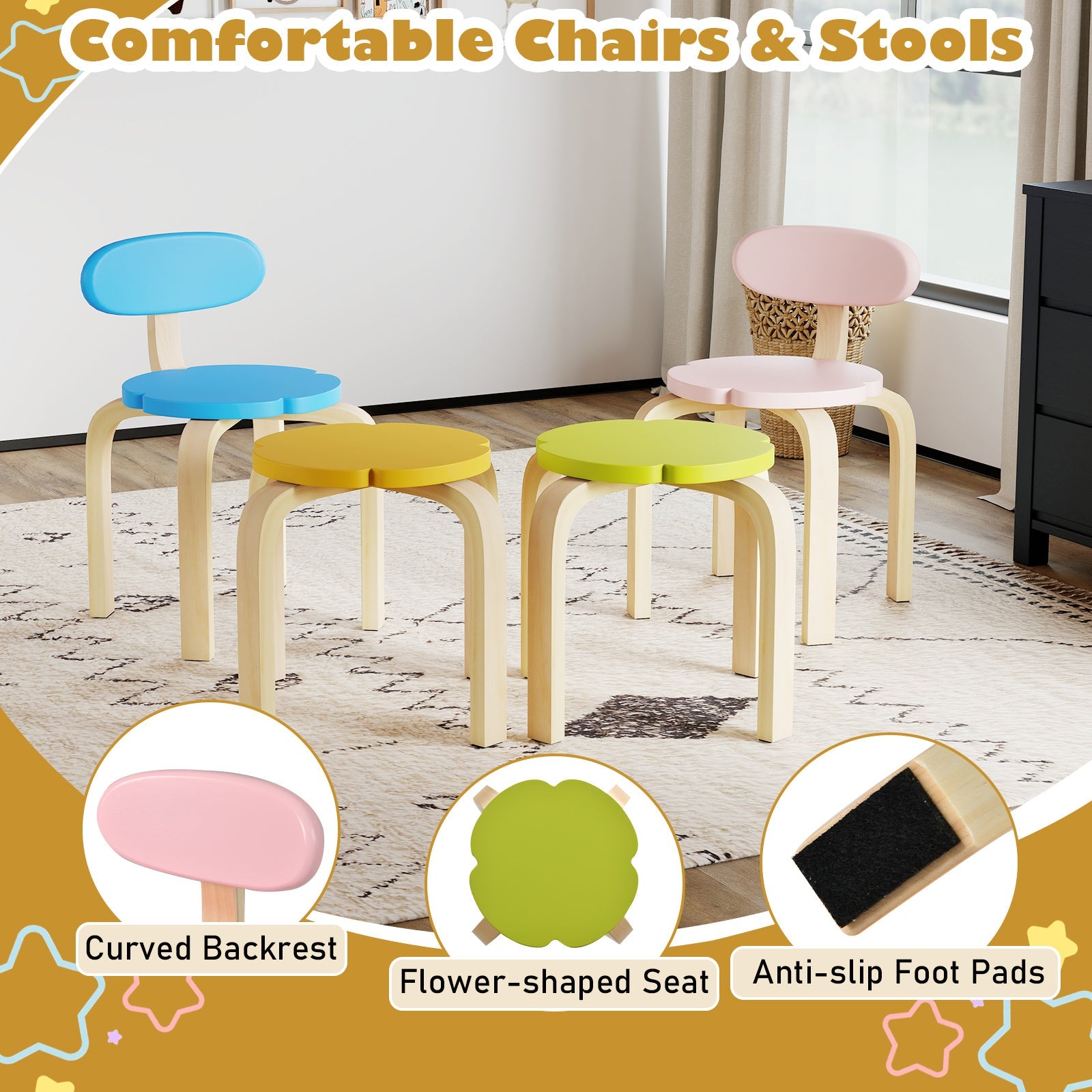Flower-shaped Children Table Set Wooden Play and Activity Table with 2 Colorful Chairs and Stools-Multicolor