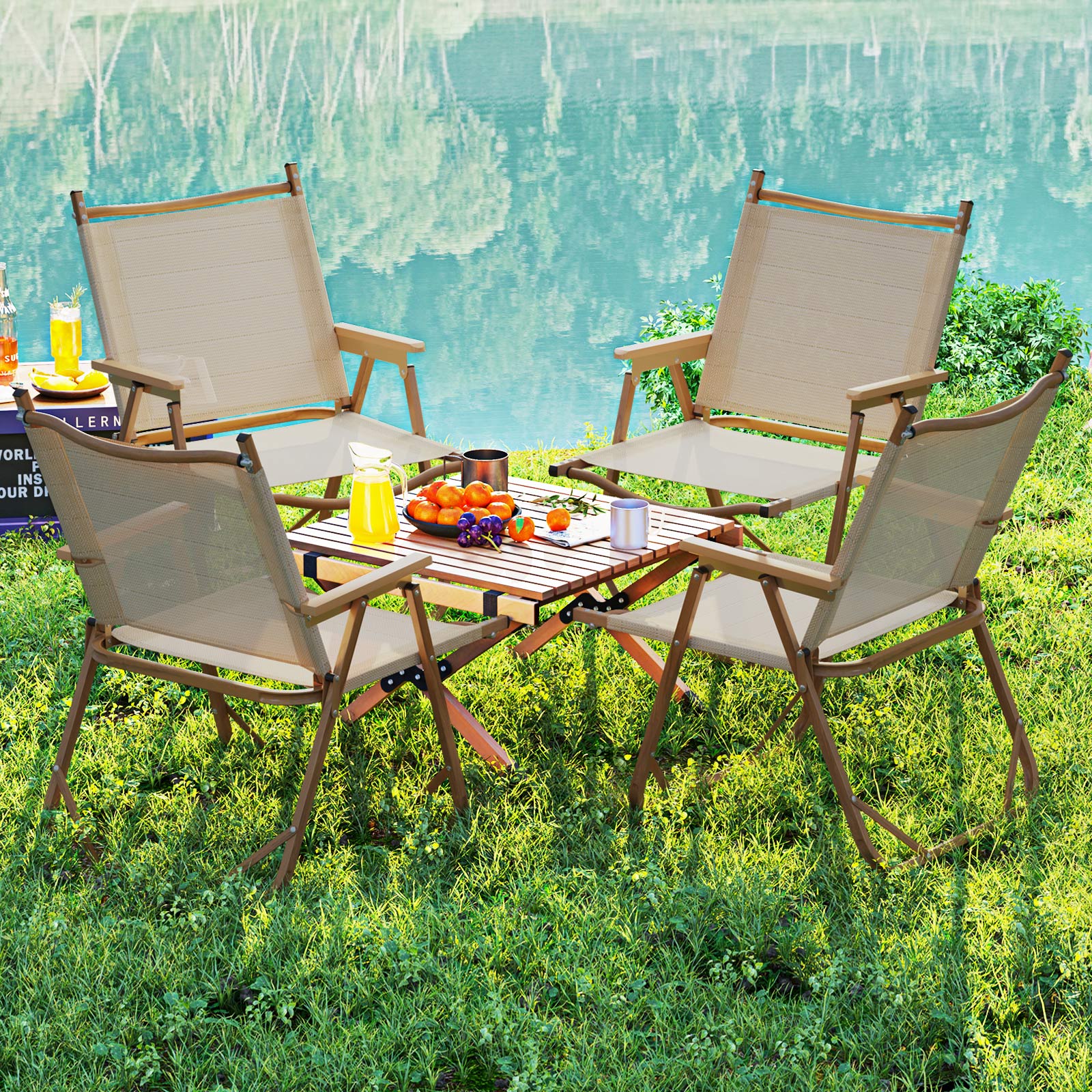 Folding Camp Chairs Set of 2 Lightweight Beach Chairs-Beige
