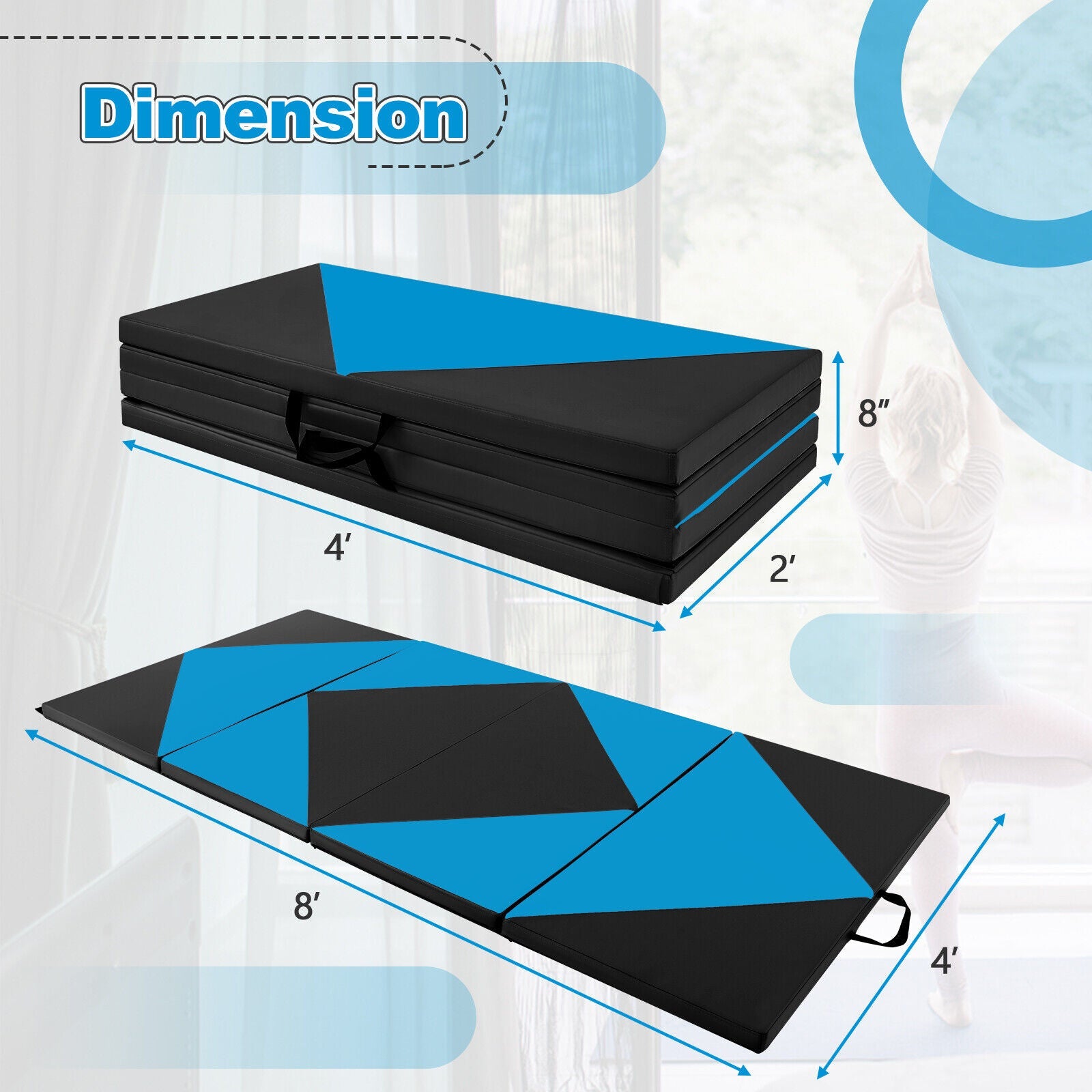 8 Feet PU Leather Folding Gymnastics Mat with Hook and Loop Fasteners