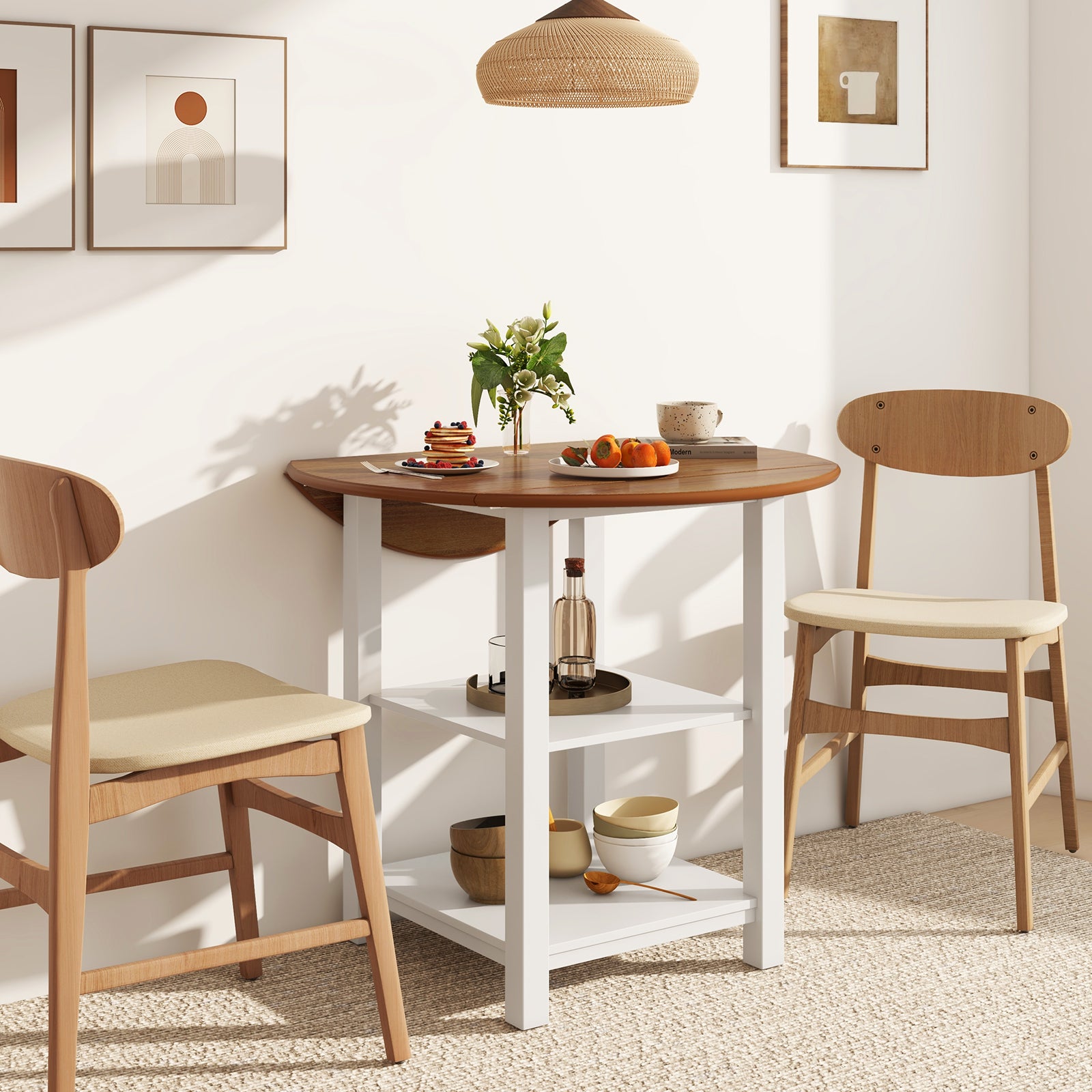 Folding Round Dining Table Drop Leaf Table with 2 Shelves for Small Spaces-White