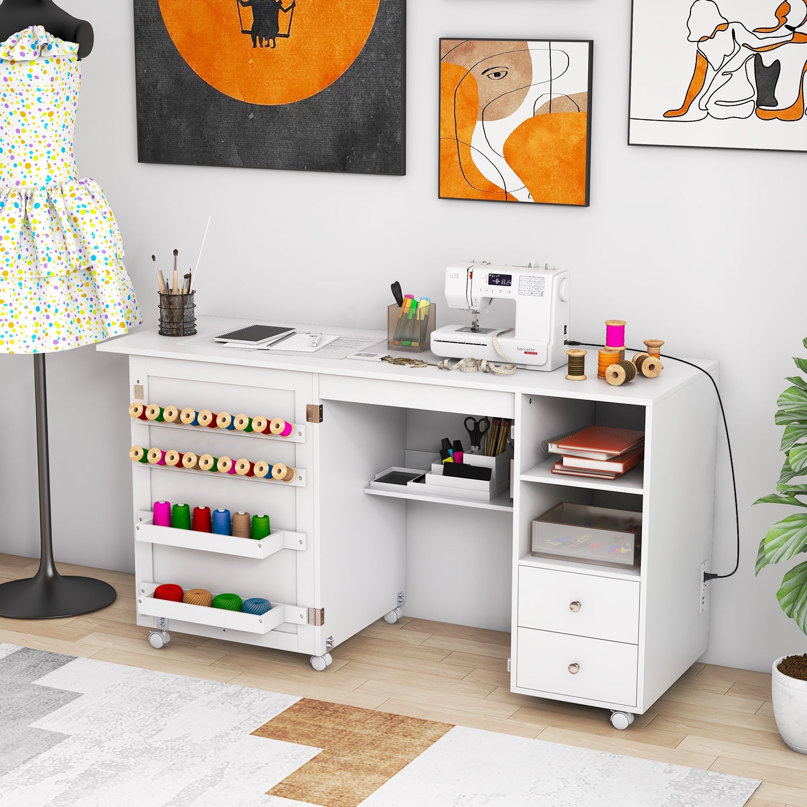 Folding Sewing Table with Charging Station and Storage Shelves-White