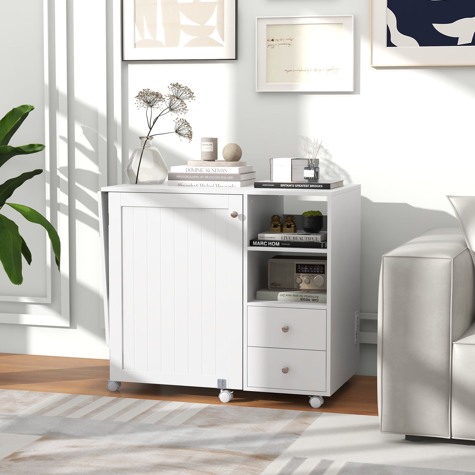 Folding Sewing Table with Charging Station and Storage Shelves-White